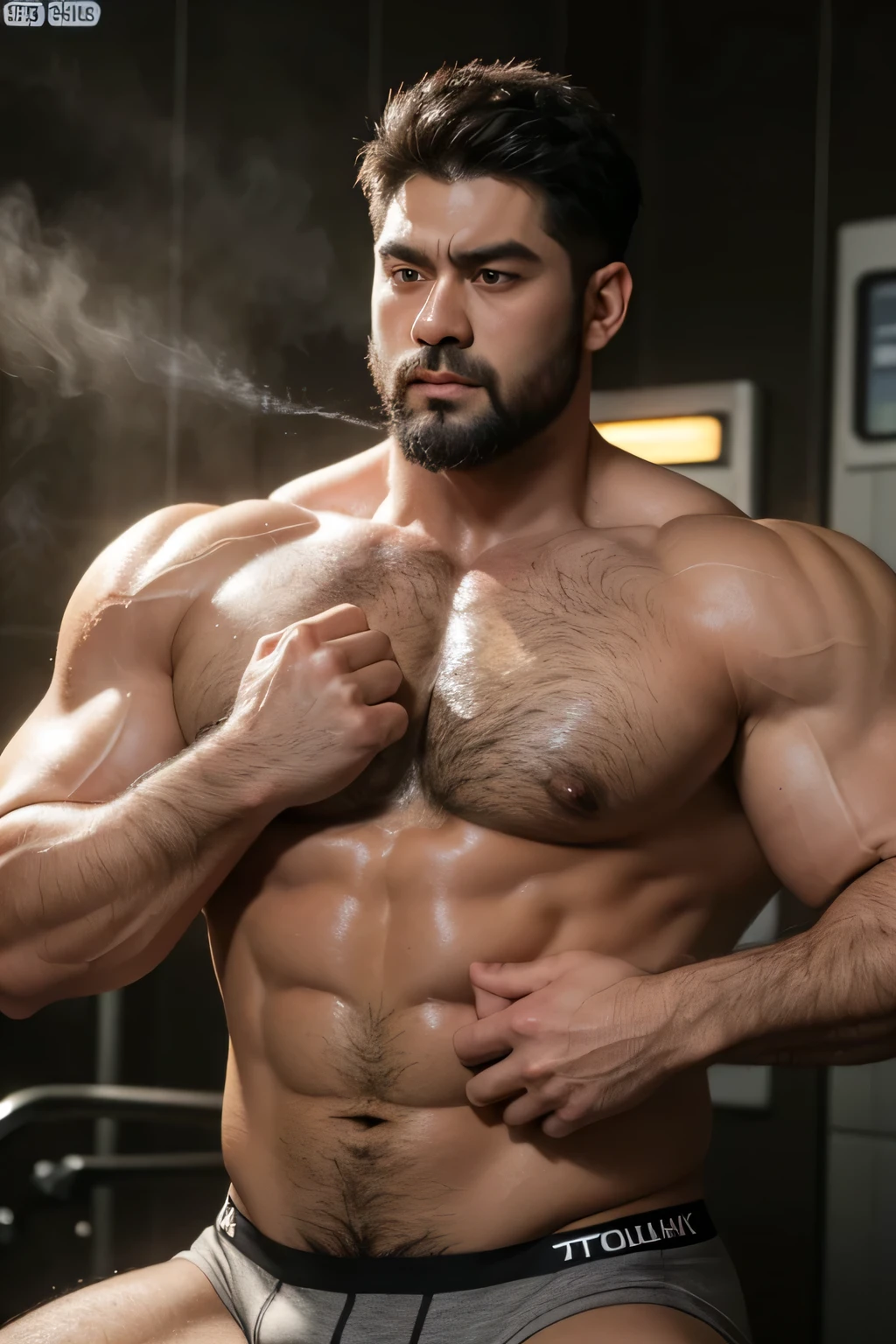 Hulk muscular uncle,nice,Dark skin,big breasts slightly fat,Short beard,Thick eyebrows,Brush Cut,Have chest muscles,black,The crotch is long,Extra long,Armpit Hair,black calf socks,Showing off chest muscles,Chest hair on the pectoral muscles,Leg lift,Buttocks forward,Exposed pedals,Lying in the steam room,Armpit Hair,Sweat all over the body,Very shy expression