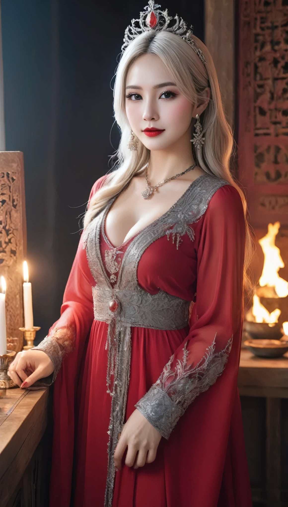 (((surreal woman)))、((Very beautiful 30 year old white woman))、(((Big big boobs)))、(((Big big cleavage)))、のwitch girl、blonde mature、Plump figure、smile、Middle-aged beauty 、Very delicate and delicate skin texture、witch girl、{(Ancient ornate and luxurious temple)、(Many torches are burning)}、Red lips、Beautiful scarlet eyes、(((Gorgeous and gorgeous silver outfit and luxurious accessories)))、I have a shiny platinum wand、