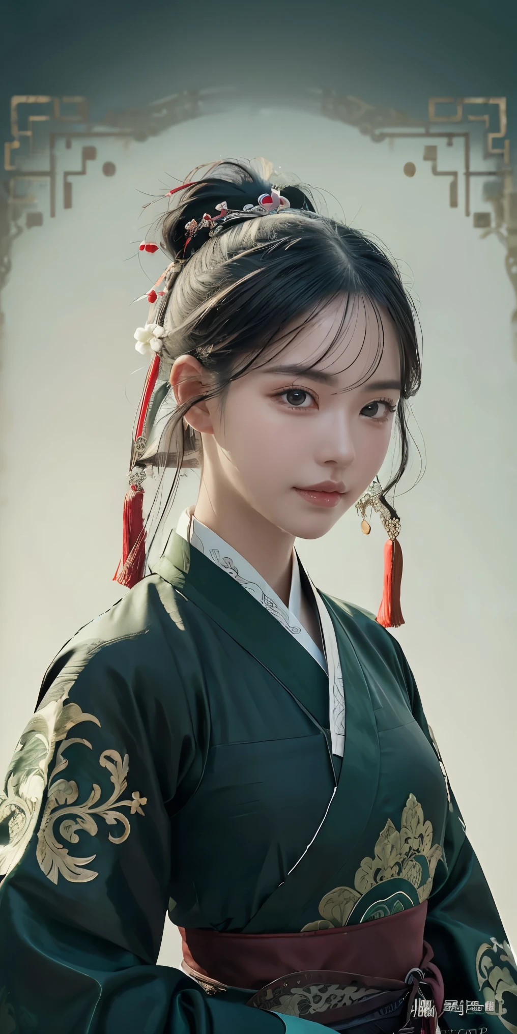 1 girl, heroine, handsome, splashed ink, Chinese armor, (upper body), black hair, floating hair, delicate eyes, black and green antique damask Hanfu, fov, (f1.8), (masterpiece), (portrait shot), front shot, white background, (movie poster), weapon