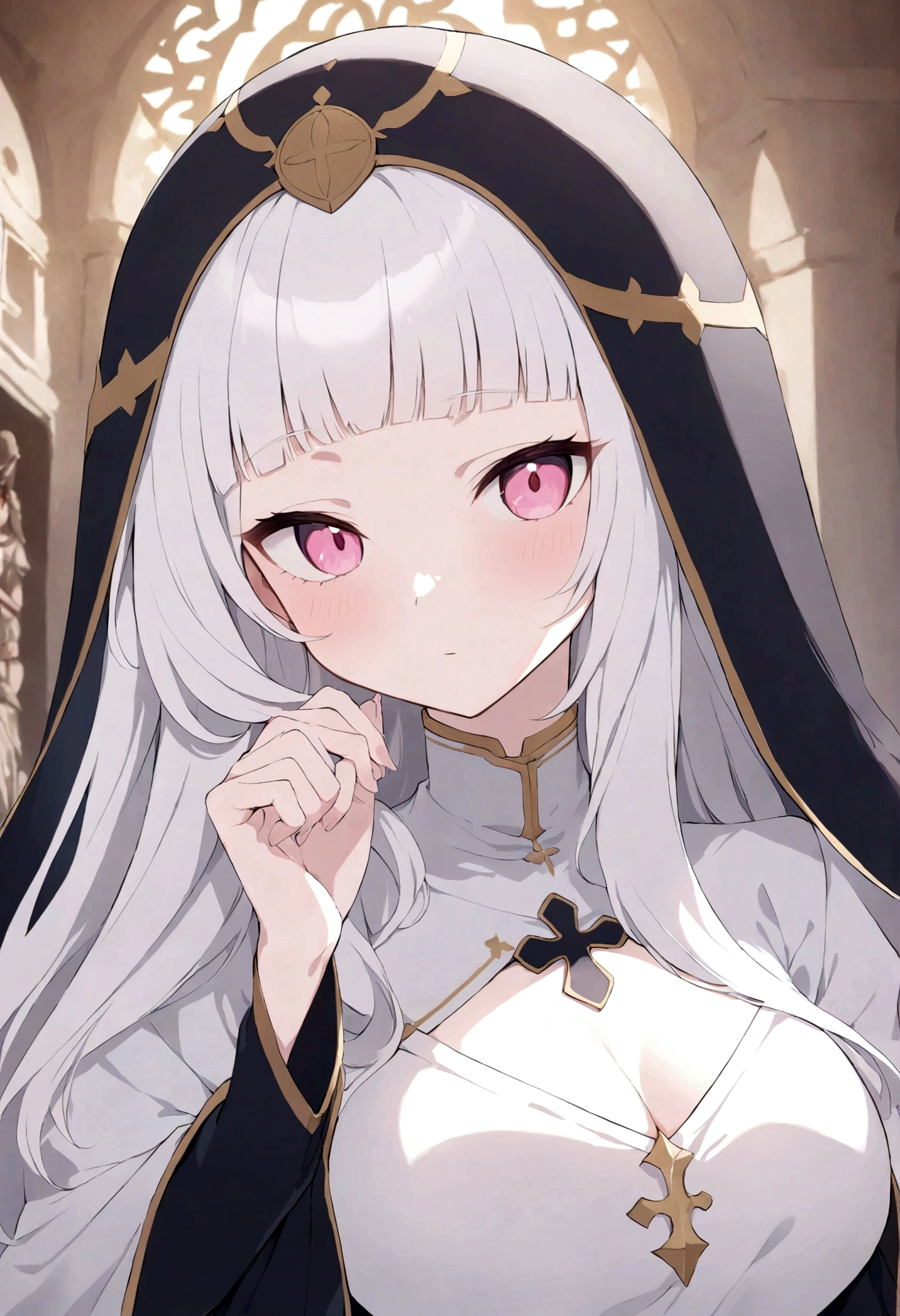 (masterpiece, 32k, 8k, maximum graphics, detailed image, vivid and detailed eyes) a priestess, white priestess overcoat, ((pink eyes, white hair with bangs)), sweet expression on her face, magic hood covers her head , (photo concentrated on the face, character looking at the viewer, interior background of the monastery)