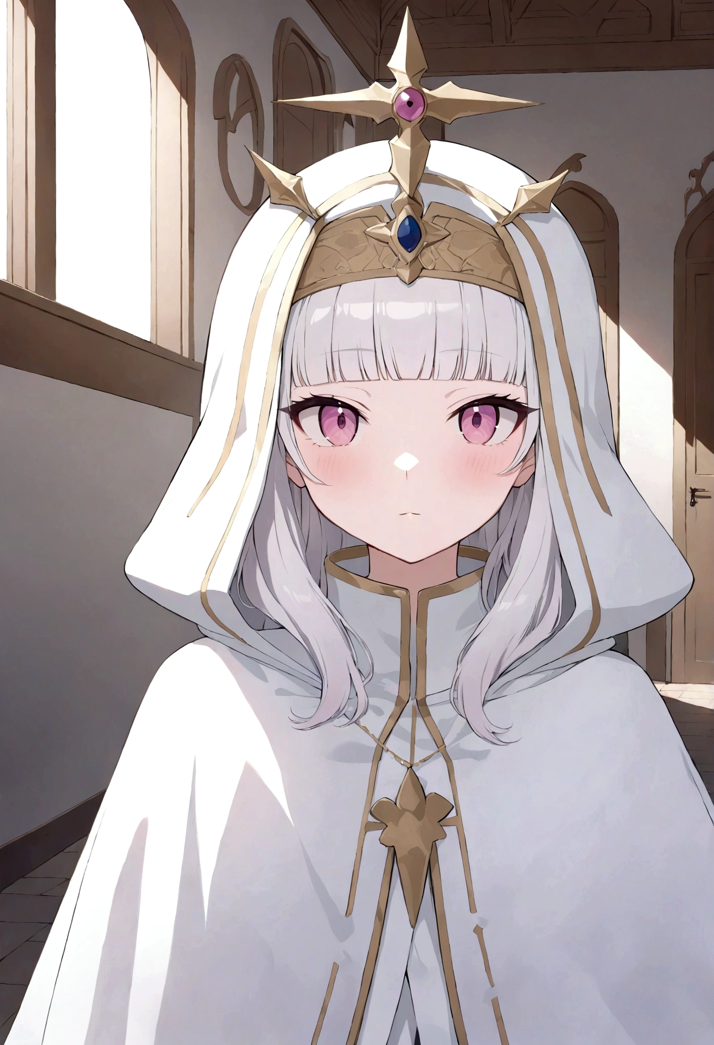 (masterpiece, 32k, 8k, maximum graphics, detailed image, vivid and detailed eyes) a priestess, white priestess overcoat, ((pink eyes, white hair with bangs)), sweet expression on her face, magic hood covers her head , (photo concentrated on the face, character looking at the viewer, interior background of the monastery)