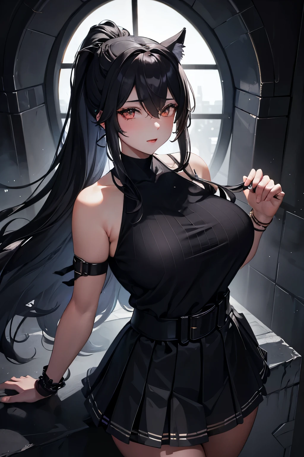 In the heart of the digital realm, a mesmerizing image unfolds, showcasing a full-bodied, 20-year-old chubby wolfwoman, exuding an undeniable allure. Adorning a pleasing skirt that gracefully cascades, the sleeveless top hugs her figure, accentuating her charm. Her long, glossy black ponytail, cascading down to her waist, adds to her captivating appearance.
A soft, dark veil of enchantment and seduction envelops her, filling the image with an ethereal yet tantalizing aura. The veil, delicately translucent