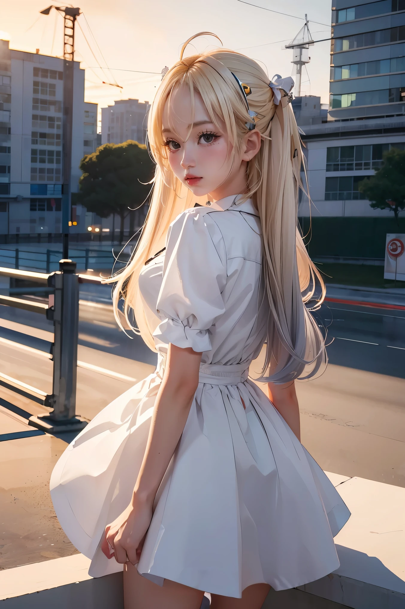 masterpiece, top quality, highly detailed, Unity 8k wallpaper, (riding a crane truck), firmament, girl 1 person, heavy machinery, gradient hair, hair between eyes, ahoge, : 16,ooking back, pretty face, white neeso,