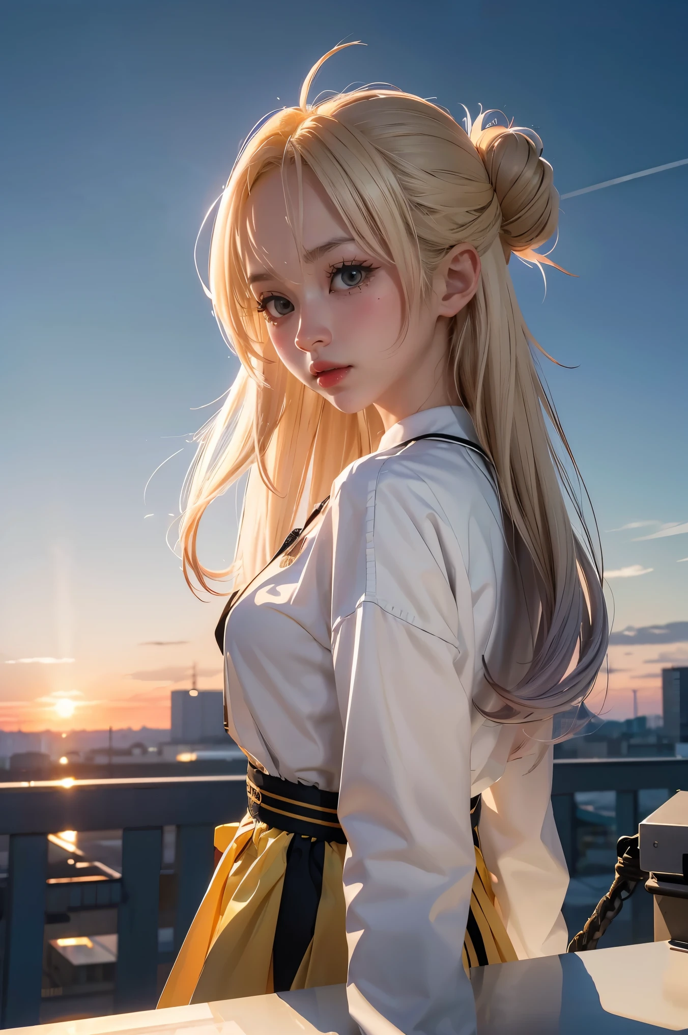 masterpiece, top quality, highly detailed, Unity 8k wallpaper, (riding a crane truck), firmament, girl 1 person, heavy machinery, gradient hair, hair between eyes, ahoge, : 16,ooking back, pretty face, white neeso,