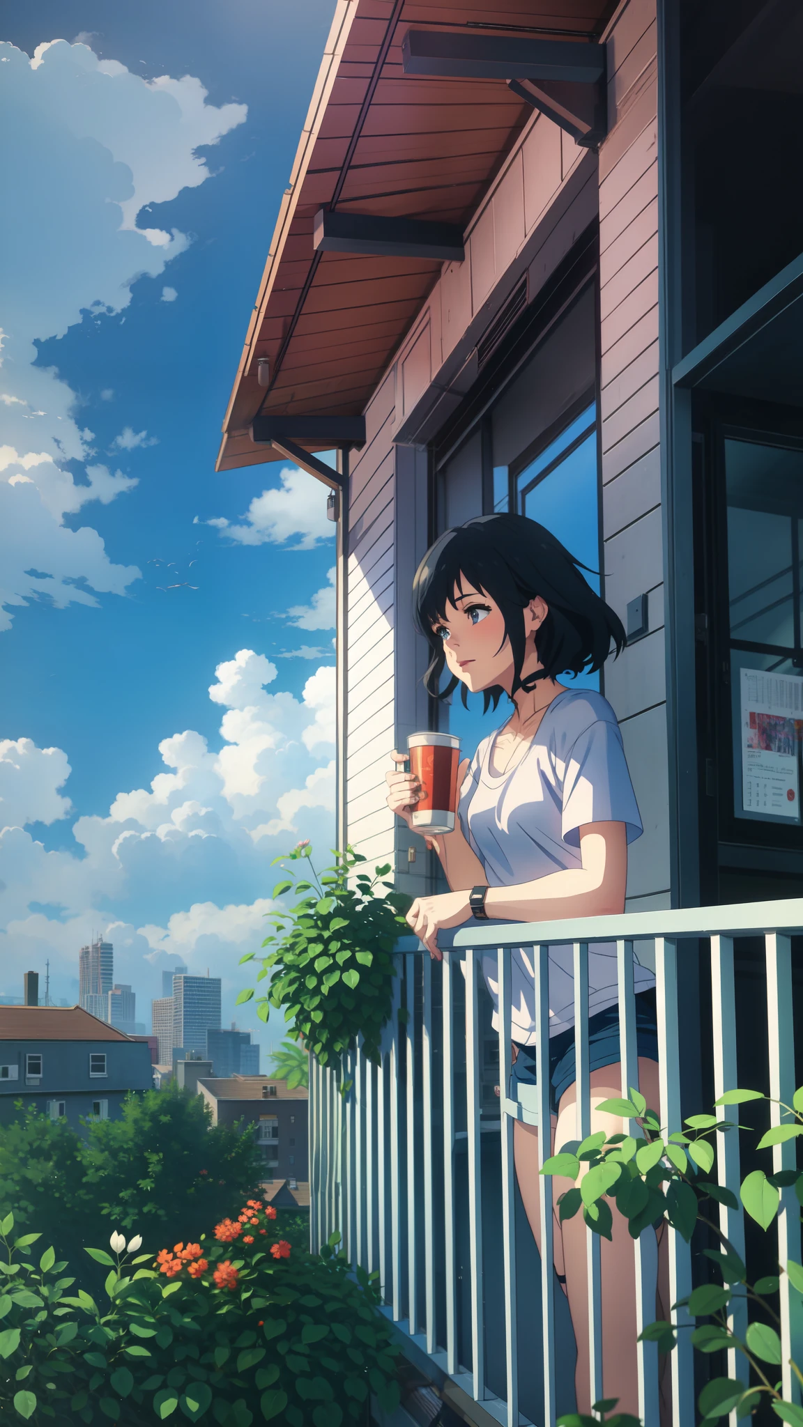 a girl standing on a balcony with a cup of coffee, cgsociety 9, chillhop, alena aenami and artgerm, makoto shinkai and artgerm, lofi girl aesthetic, anime scenery, makoto shinkai and (cain kuga), lofi aesthetic, anime landscape, anime nature, roof background, anime wallaper