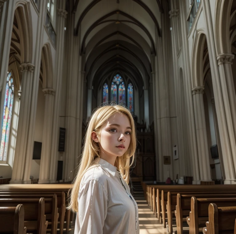 include the image of a blonde evangelical girl inside a beautiful church image size 1268 x 760