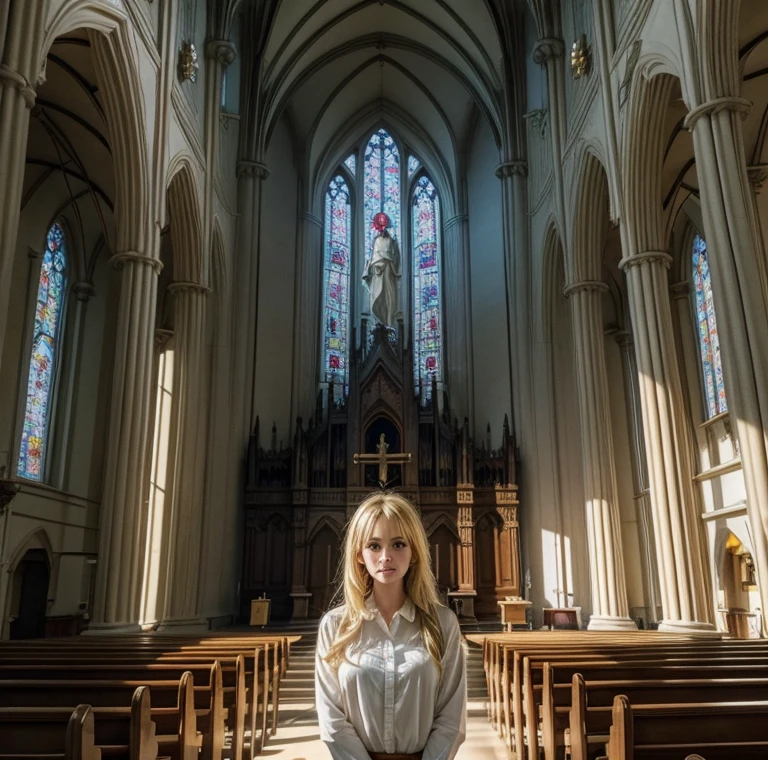 include the image of a blonde evangelical girl inside a beautiful church image size 1268 x 760