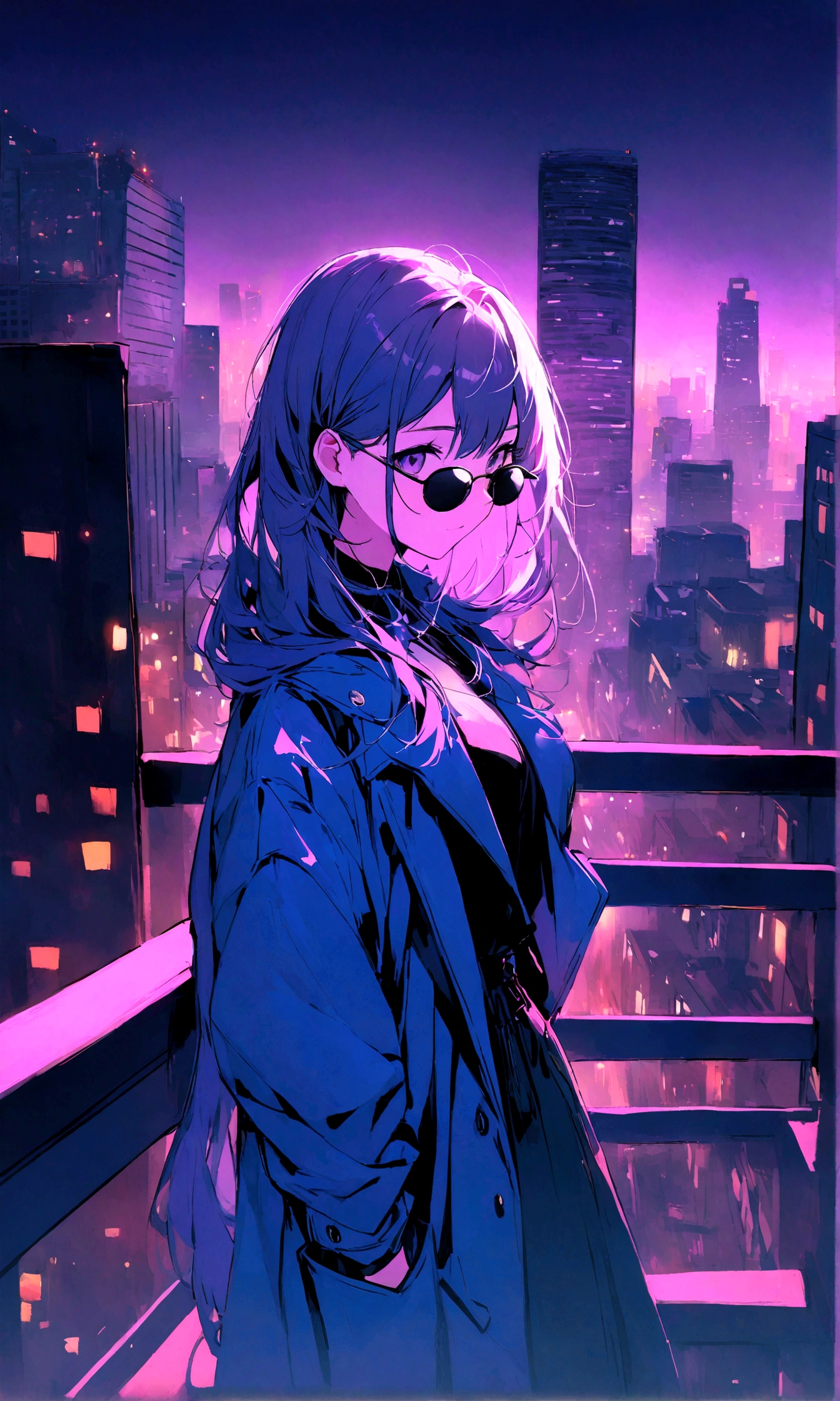 Wallpaper pictures of cool girls : Beautiful modern girl in a blue coat Wear sunglasses Behind is the cityscape in the evening. There are twinkling lights of the city amidst the blue, blue, and purple sky. Cool girls stand on high balconies or bridges. Looking out at the city with a confident and calm expression. The colors of the picture emphasize the dramatic tone.