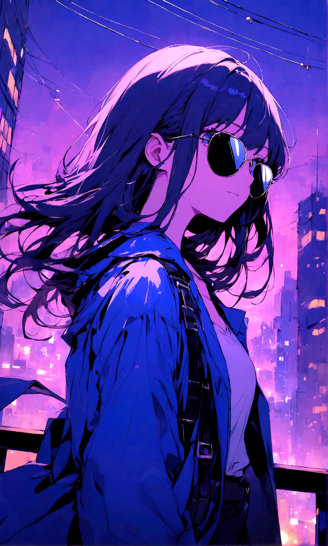 Wallpaper pictures of cool girls : Beautiful modern girl in a blue coat Wear sunglasses Behind is the cityscape in the evening. There are twinkling lights of the city amidst the blue, blue, and purple sky. Cool girls stand on high balconies or bridges. Looking out at the city with a confident and calm expression. The colors of the picture emphasize the dramatic tone.