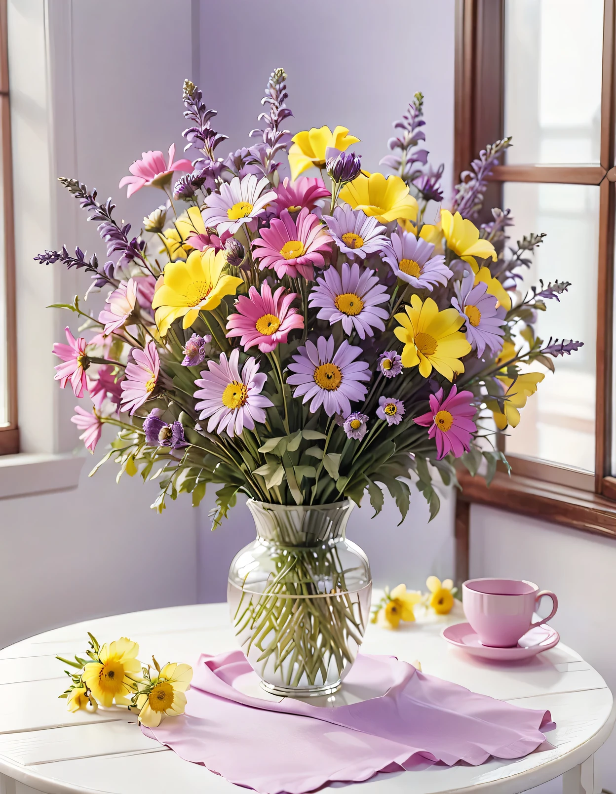 flowers (pastel purple, pink, little yellow) in the vas, on plain white table, morning mood, ultra_hd, 8k, professional film shot