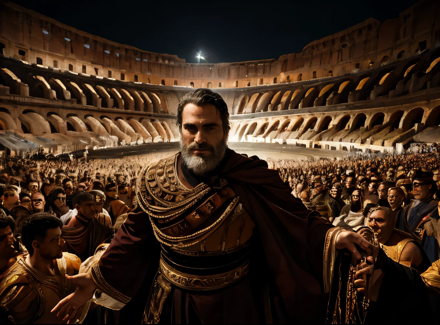 Joaquin Phoenix as a roman emperor, in the colosseum of rome during a performance, cinematic, impressive image, expression of excitement, highly detailed portrait, dramatic lighting, intricate costume design, roman architecture, large crowd of spectators, billowing robes, crown, intense gaze, muscular physique, cinematic angle, dramatic shadows, vivid colors, photorealistic, 8k, masterpiece , filme gladiador