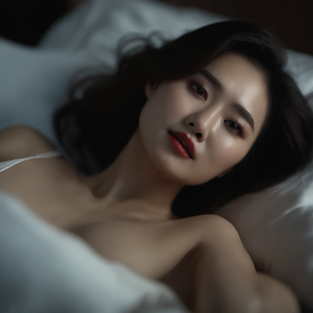 a beautiful chinese woman, lying down on a bed, her body twisting and turning as she has a nightmare, her mouth open in a scream of fear, her body trembling, (best quality,4k,8k,highres,masterpiece:1.2),ultra-detailed,(realistic,photorealistic,photo-realistic:1.37),extremely detailed eyes and face,beautiful detailed eyes,beautiful detailed lips,longeyelashes,cinematic lighting,dramatic shadows,muted color palette,moody atmosphere