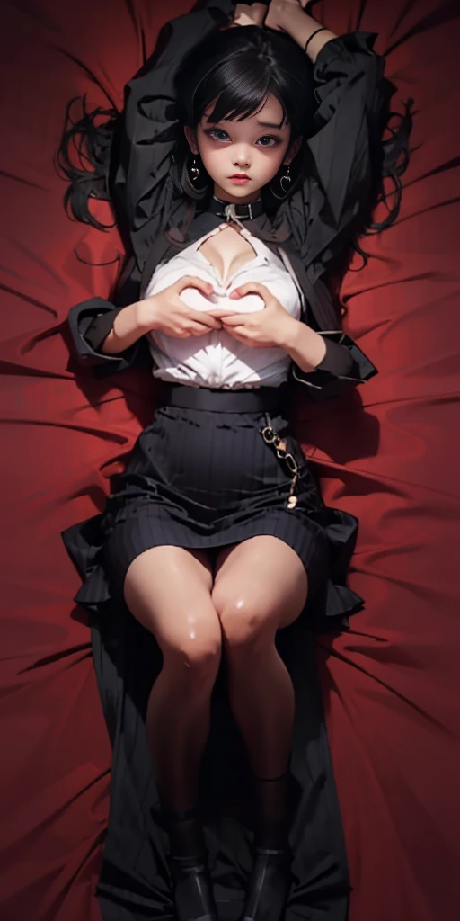 Calhoun, 1girl, bdsm, bedroom dakimakura_(medium) lying on_back on_bed solo, Heart Hands / Pose