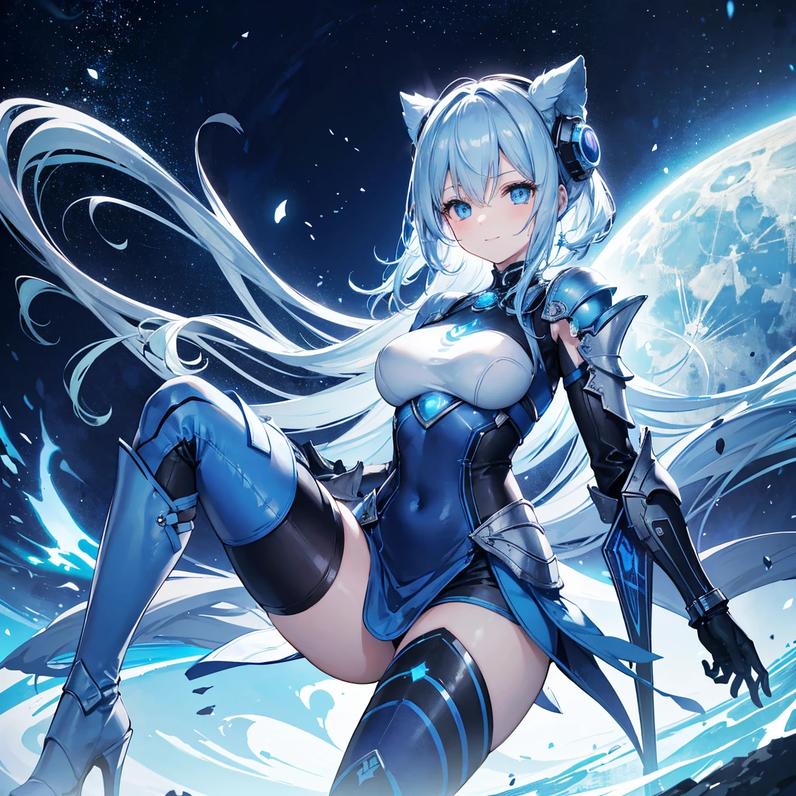 8k, highest quality, (real:1.4), Original photo, 1 girl, Asari Hair, Biological Amplifier, refined armor, posture: Peace talks between warring factions,，Attention Clever Blue Eyes,A modest smile、Knee-high boots、Blue big moon and blue light swirl in the background、Blue light from behind、blue light magic