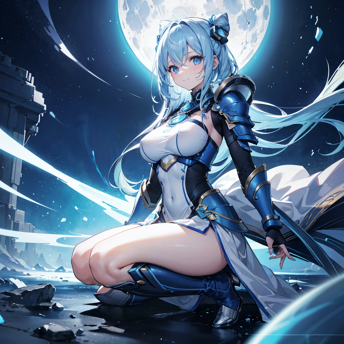 8k, highest quality, (real:1.4), Original photo, 1 girl, Asari Hair, Biological Amplifier, refined armor, posture: Peace talks between warring factions,,Attention Clever Blue Eyes,A modest smile、Knee-high boots、Blue big moon and blue light swirl in the background、Blue light from behind、blue light magic