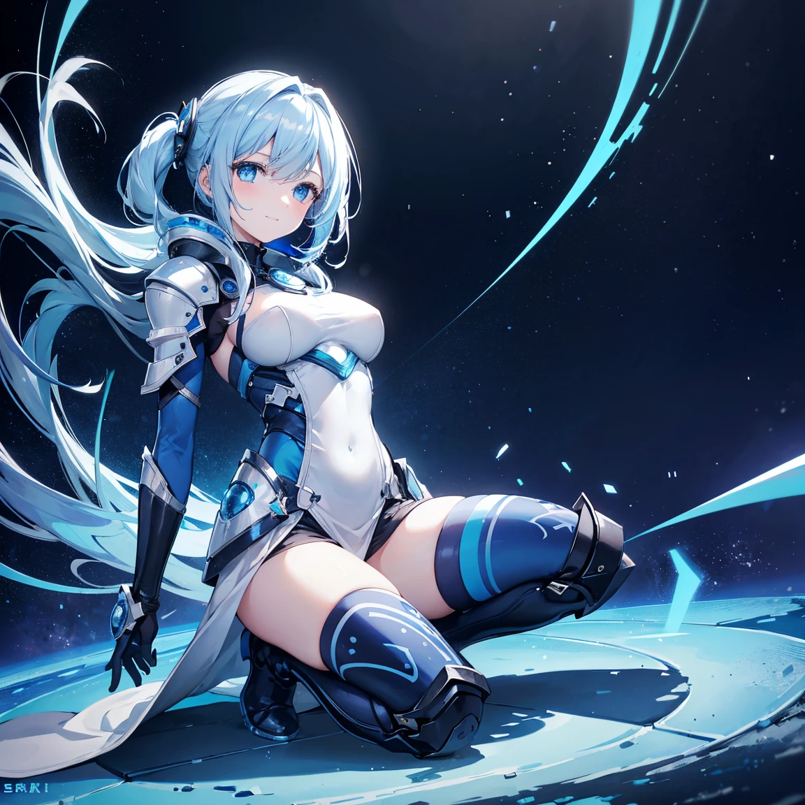 8k, highest quality, (real:1.4), Original photo, 1 girl, Asari Hair, Biological Amplifier, refined armor, posture: Peace talks between warring factions,，Attention Clever Blue Eyes,A modest smile、Knee-high boots、Blue big moon and blue light swirl in the background、Blue light from behind、blue light magic
