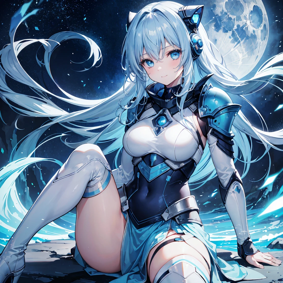 8k, highest quality, (real:1.4), Original photo, 1 girl, Asari Hair, Biological Amplifier, refined armor, posture: Peace talks between warring factions,，Attention Clever Blue Eyes,A modest smile、Knee-high boots、Blue big moon and blue light swirl in the background、Blue light from behind、blue light magic