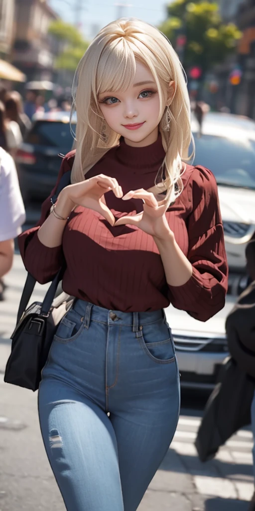 (heart hands, own hands together:1), mature female, blouse, smile, happy, Jeggings