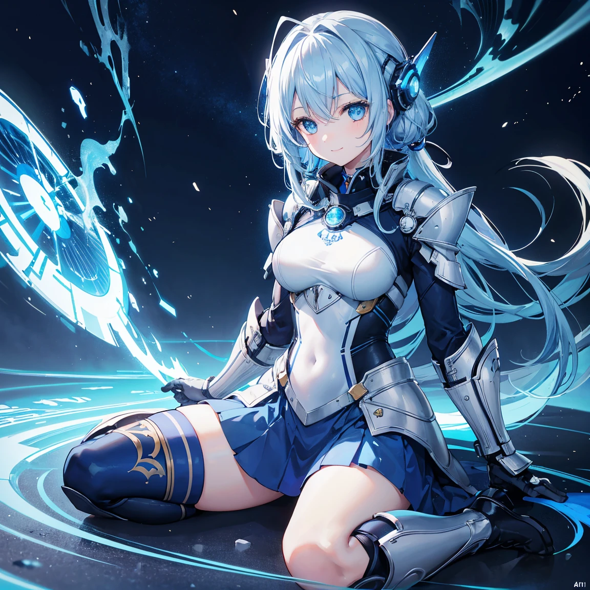 8k, highest quality, (real:1.4), Original photo, 1 girl, Asari Hair, Biological Amplifier, refined armor, posture: Peace talks between warring factions,，Attention Clever Blue Eyes,A modest smile、Knee-high boots、Blue big moon and blue light swirl in the background、Blue light from behind、blue light magic