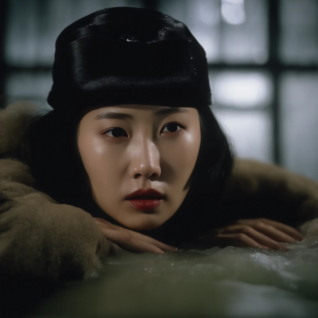 1 beautiful young chinese woman in Manchukuo, 1941, frozen in thick rigid ice in a laboratory chamber, lying down shivering in fear, tears in her eyes, mouth opened, encased in ice, Unit 731 Harbin, Manchuria, China, (best quality,4k,8k,highres,masterpiece:1.2),ultra-detailed,(realistic,photorealistic,photo-realistic:1.37),HDR,UHD,studio lighting,ultra-fine painting,sharp focus,physically-based rendering,extreme detail description,professional,vivid colors,bokeh,horror,photography