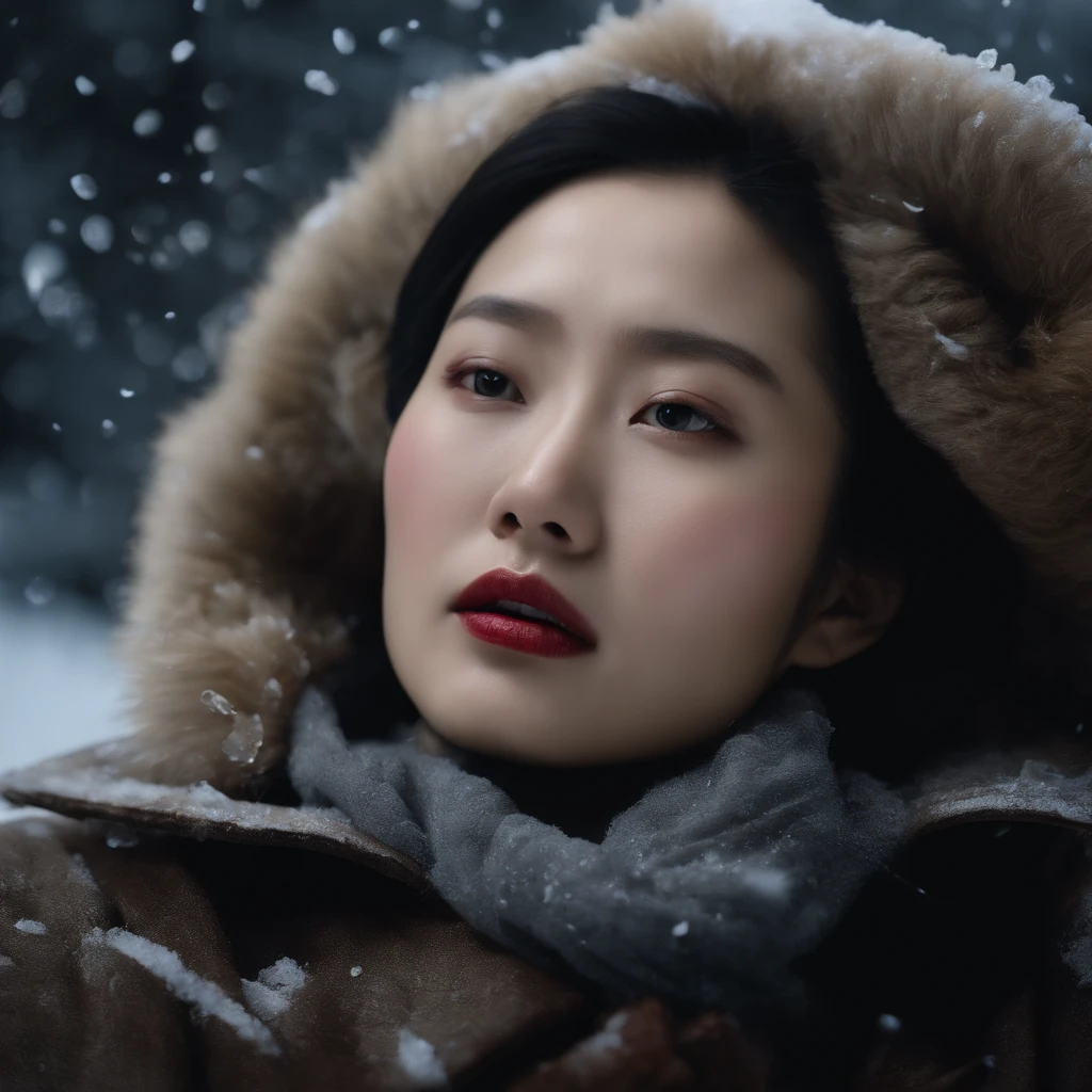 1 beautiful young chinese woman in Manchukuo, 1941, frozen in thick rigid ice in a laboratory chamber, lying down shivering in fear, tears in her eyes, mouth opened, encased in ice, Unit 731 Harbin, Manchuria, China, (best quality,4k,8k,highres,masterpiece:1.2),ultra-detailed,(realistic,photorealistic,photo-realistic:1.37),HDR,UHD,studio lighting,ultra-fine painting,sharp focus,physically-based rendering,extreme detail description,professional,vivid colors,bokeh,horror,photography