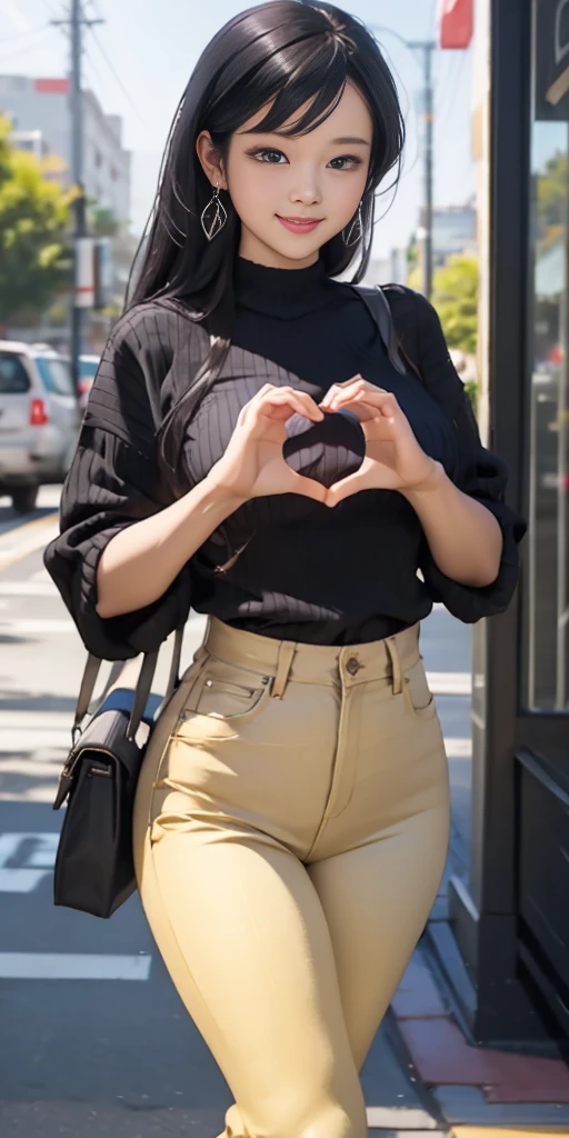 (heart hands, own hands together:1), mature female Calhoun, blouse, smile, happy, Jeggings