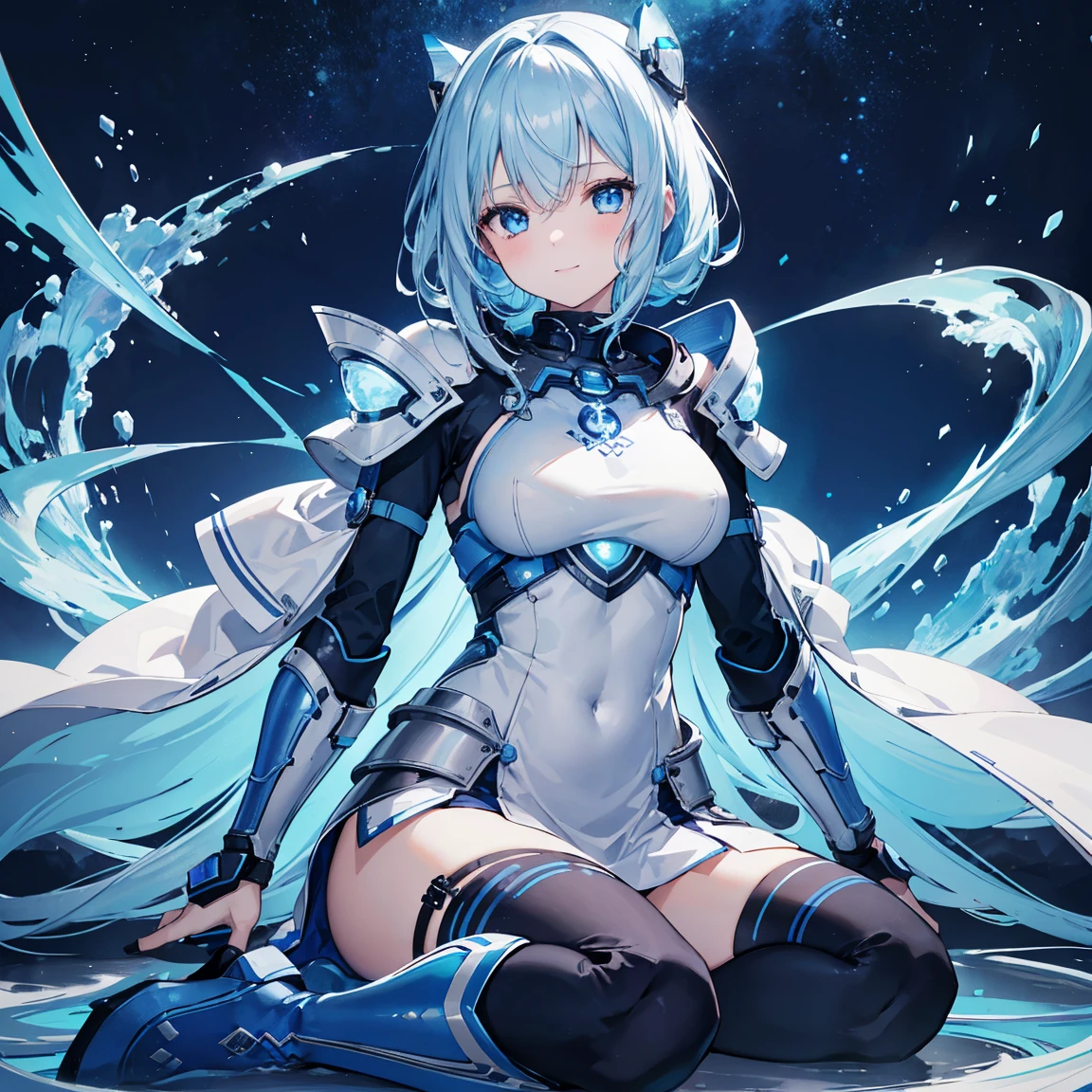 8k, highest quality, (real:1.4), Original photo, 1 girl, Asari Hair, Biological Amplifier, refined armor, posture: Peace talks between warring factions,，Attention Clever Blue Eyes,A modest smile、Knee-high boots、Blue big moon and blue light swirl in the background、Blue light from behind、blue light magic