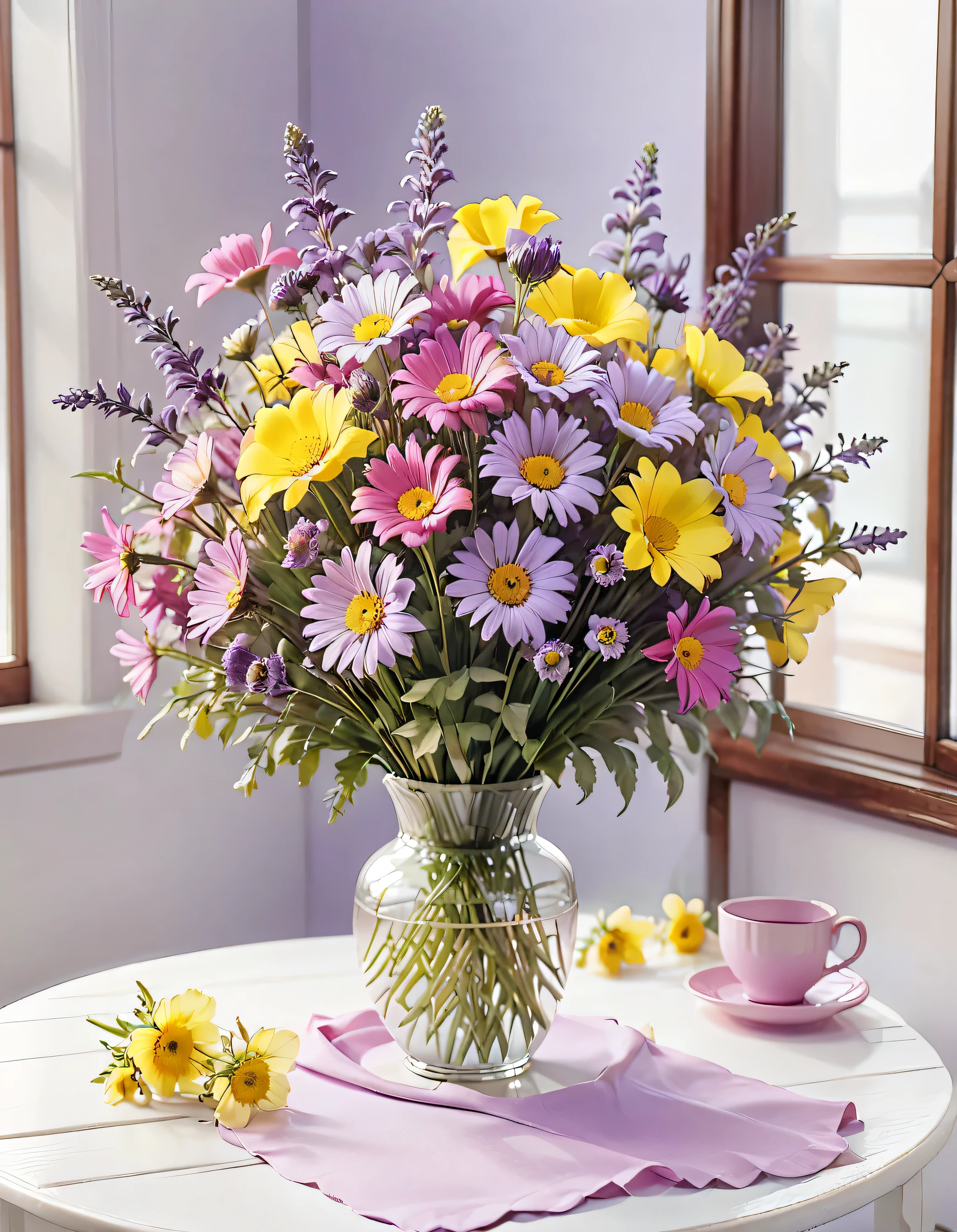 flowers (pastel purple, pink, little yellow) in the vas, on plain white table, morning mood, ultra_hd, 8k, professional film shot