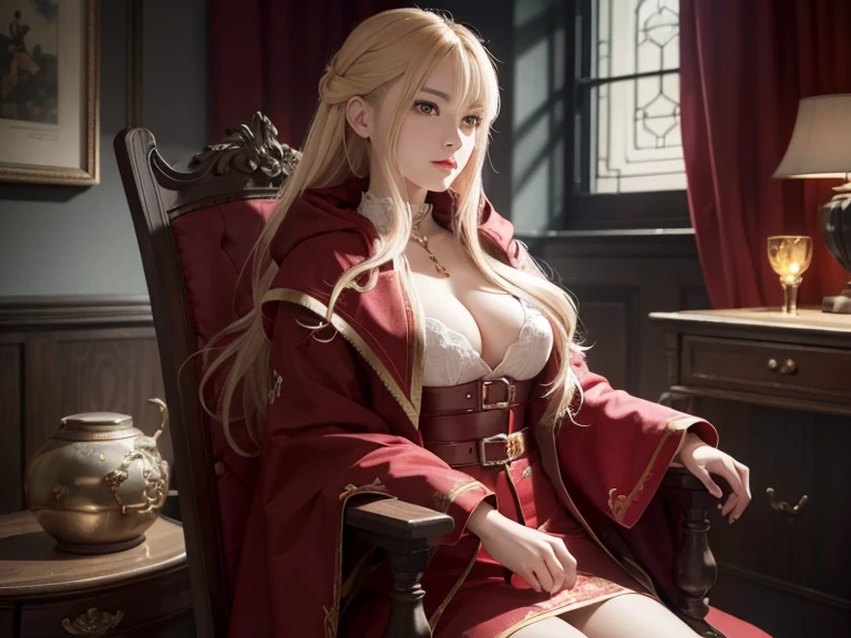 A woman in a red coat sitting on a chair with a dragon, popular on ArtStation Pixiv, detailed anime artwork, detailed digital anime art, complex gorgeous anime CGI style, guvez on pixiv art station, guvez on pixiv, anime fantasy illustration, detailed anime art, clean detailed anime art, detailed key anime art, red lip micro-open, nude