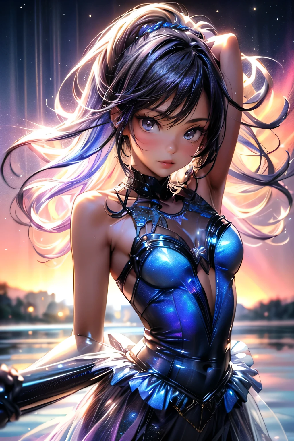 hologram infographic, 3d render, raw photo:1.2, masterpiece, highest quality, 16k, unbelievably absurd, very detailed, perfect beauty, (double exposure vibrant colors silhouette:1.3), (layered vibrant colors silhouette:1.2), (water world photo scenery), diamond dust, starry sky with aurora, flowing sheer dress, Grim Reaper's Scythe, flowy long hair, (lake:1.2), (realistic photo scenery), (starlight), (ballerina girl dancing,romantic tutu), 