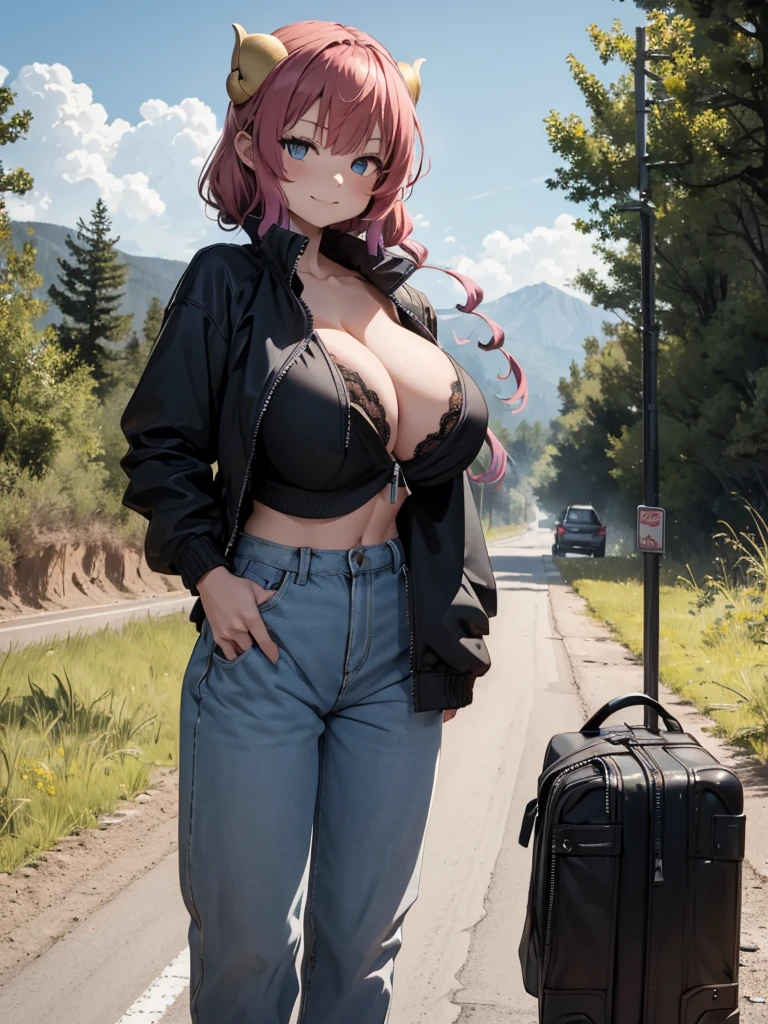 (Masterpiece, Best Picture, High Resolution), A sassy-looking girl is hitchhiking along an unpopular country road. She is standing on the side of the road, carrying her bag and luggage. She is sexually attractive. (((She is dressed with her jacket open and her bra exposed.))) The background is a desolate rural landscape, with long stretches of road, few trees, and no houses in sight. She signals the car to stop with a confident thumbs-up gesture with her arms raised high and a sly smirk on her face, creating a cheeky demeanor. The overall atmosphere should convey her sassy attitude and secluded, isolated setting. nsfw