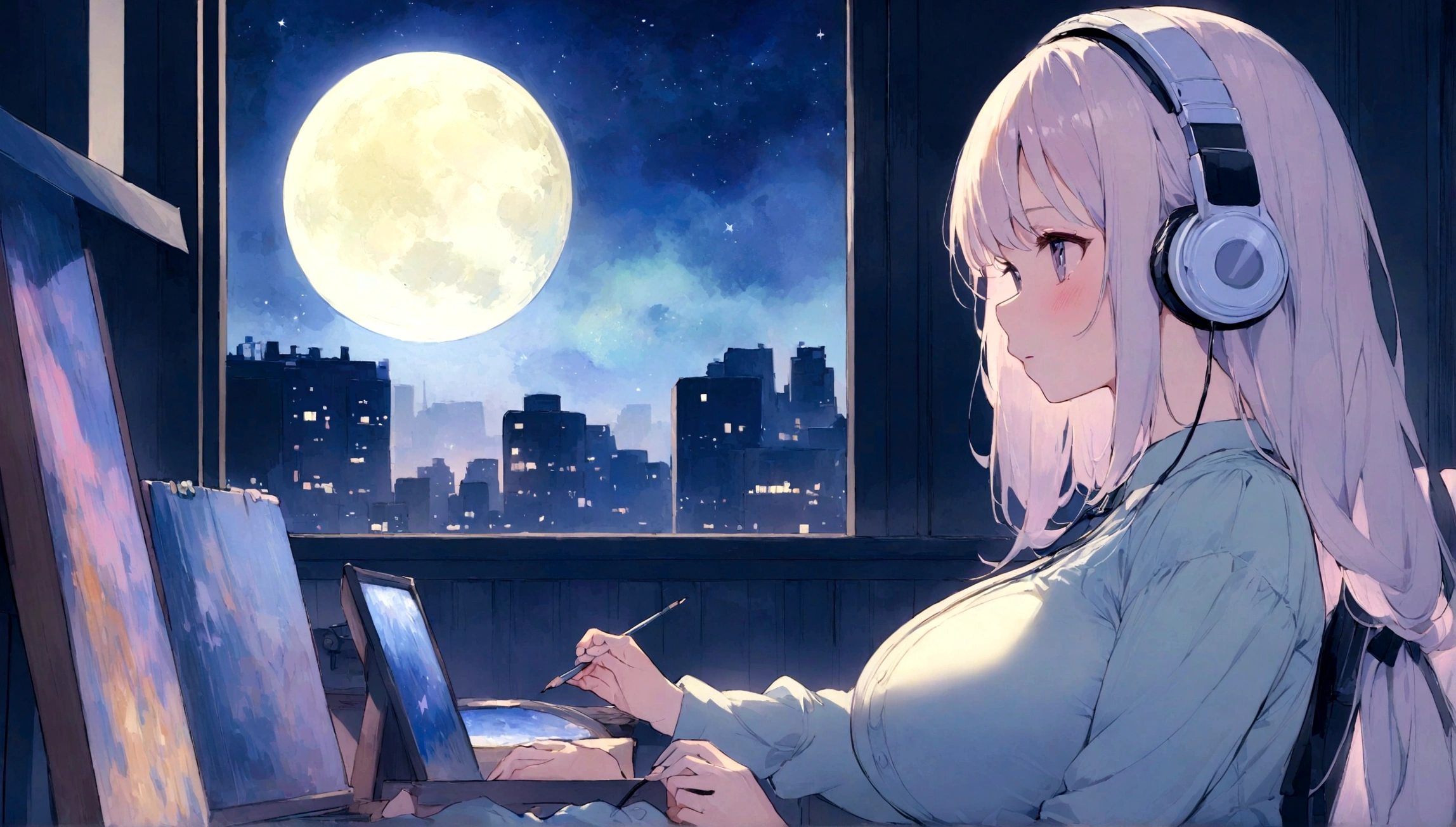portrait、512、lofi、Girl with headphones sitting in a chair studying、City view outside the window、night、Pastel colors、Painting, lots of stars and moon, super big breast