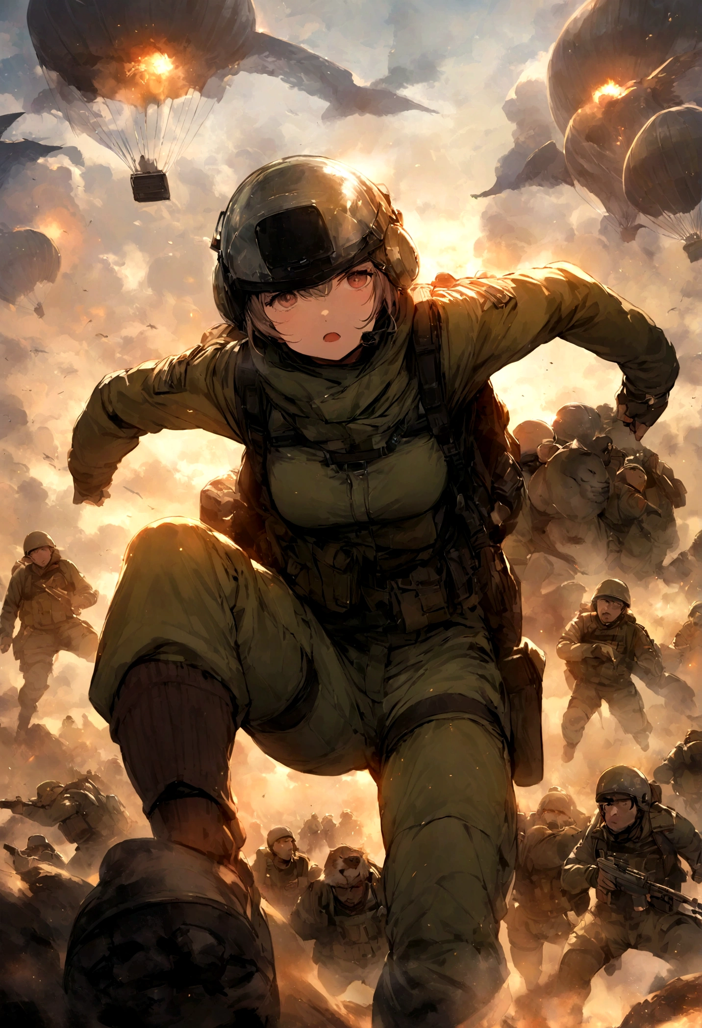 In a dramatic and intense scene, a formation of female paratroopers in cute short pants, horizontal striped knee-high socks, and high-tech combat uniforms parachute from a military aircraft onto the battlefield. Each soldier wears a metallic animal face helmet to enhance their abilities. The helmets are finely detailed with metallic designs resembling various animals such as tigers, wolves, and lions, and a human female face is clearly visible through the mouth of the animal helmet. The background is a dark battlefield sky lit by flares of anti-aircraft fire, with explosions and smoke creating a sense of urgency and action. The cute and stylish uniforms of the soldiers stand out against the chaotic background. The point of view is from the ground looking up at the paratroopers and military aircraft. The human female face must be clearly visible and expressive, with cute, detailed features, showing determination and resolve,
Translated with www.DeepL.com/Translator (free version)