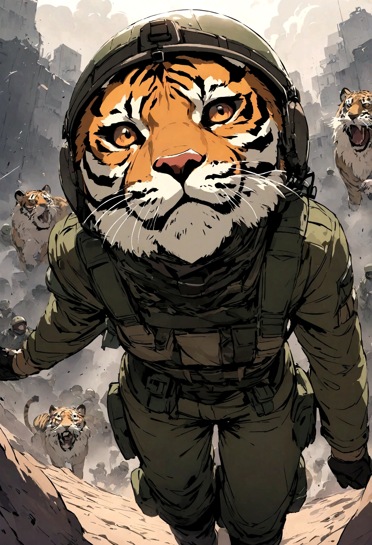 In a dramatic and intense scene, a formation of female paratroopers in cute short pants, horizontal striped knee-high socks, and high-tech combat uniforms parachute from a military aircraft onto the battlefield. Each soldier wears a metallic animal face helmet to enhance their abilities. The helmets are finely detailed with metallic designs resembling various animals such as tigers, wolves, and lions, and a human female face is clearly visible through the mouth of the animal helmet. The background is a dark battlefield sky lit by flares of anti-aircraft fire, with explosions and smoke creating a sense of urgency and action. The cute and stylish uniforms of the soldiers stand out against the chaotic background. The point of view is from the ground looking up at the paratroopers and military aircraft. The human female face must be clearly visible and expressive, with cute, detailed features, showing determination and resolve,
Translated with www.DeepL.com/Translator (free version)