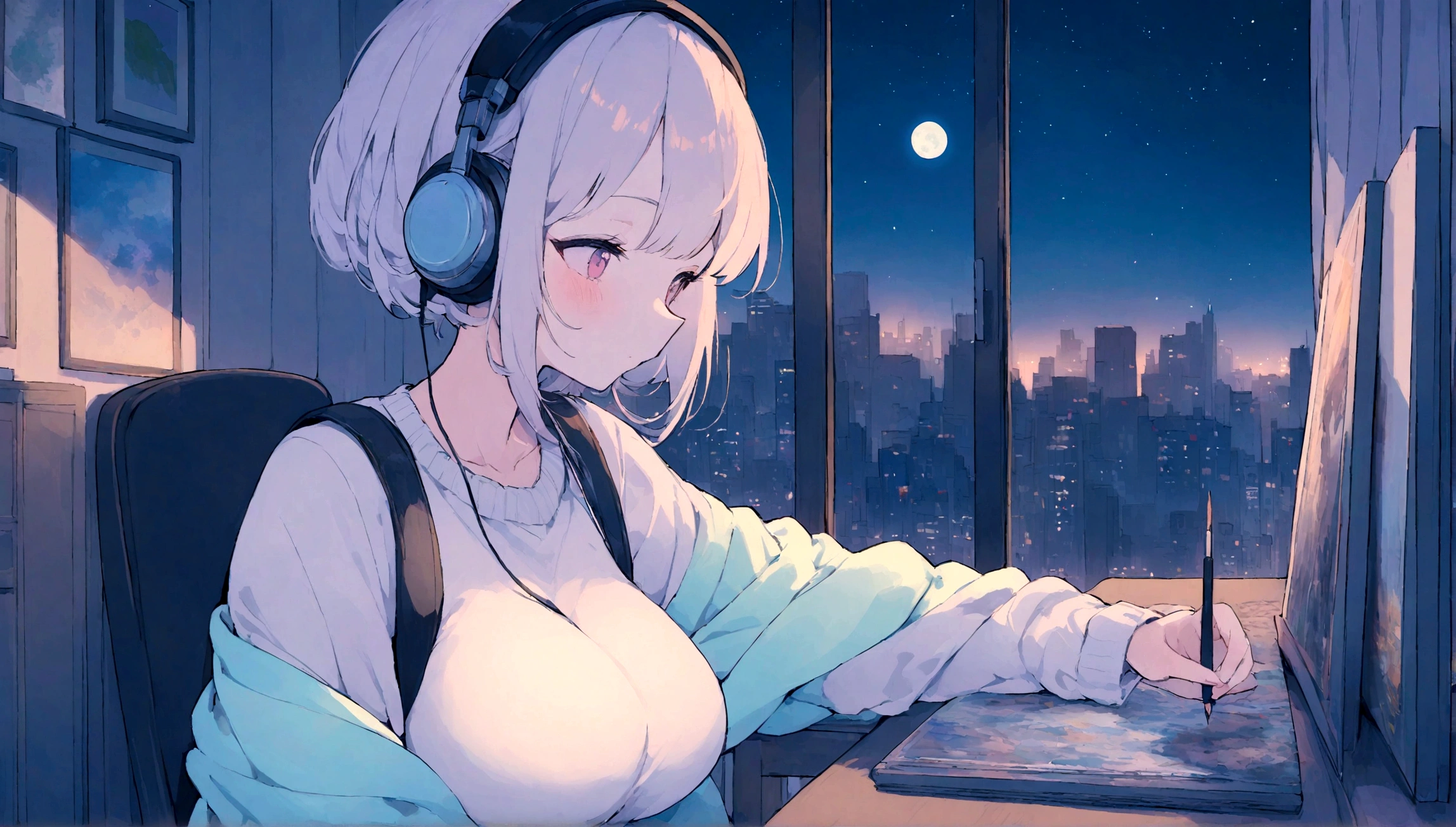 masterpiece, highest quality, 16k UHD, night,machine, Girl listening to music in a cozy big window room, Using headphones, 2D anime style,
lo-fi, 静かなnight景, 1 girl, alone, Octane shades of a starless sky,
null, A landscape full of tranquility, starry null, 魅惑的なnightの静けさ,
Silhouettes of medieval buildings in the distance, Cloud made easy, You can see the Milky Way,
length, Short wavy hair bob, Rear view, A cityscape faintly illuminated by distant lights