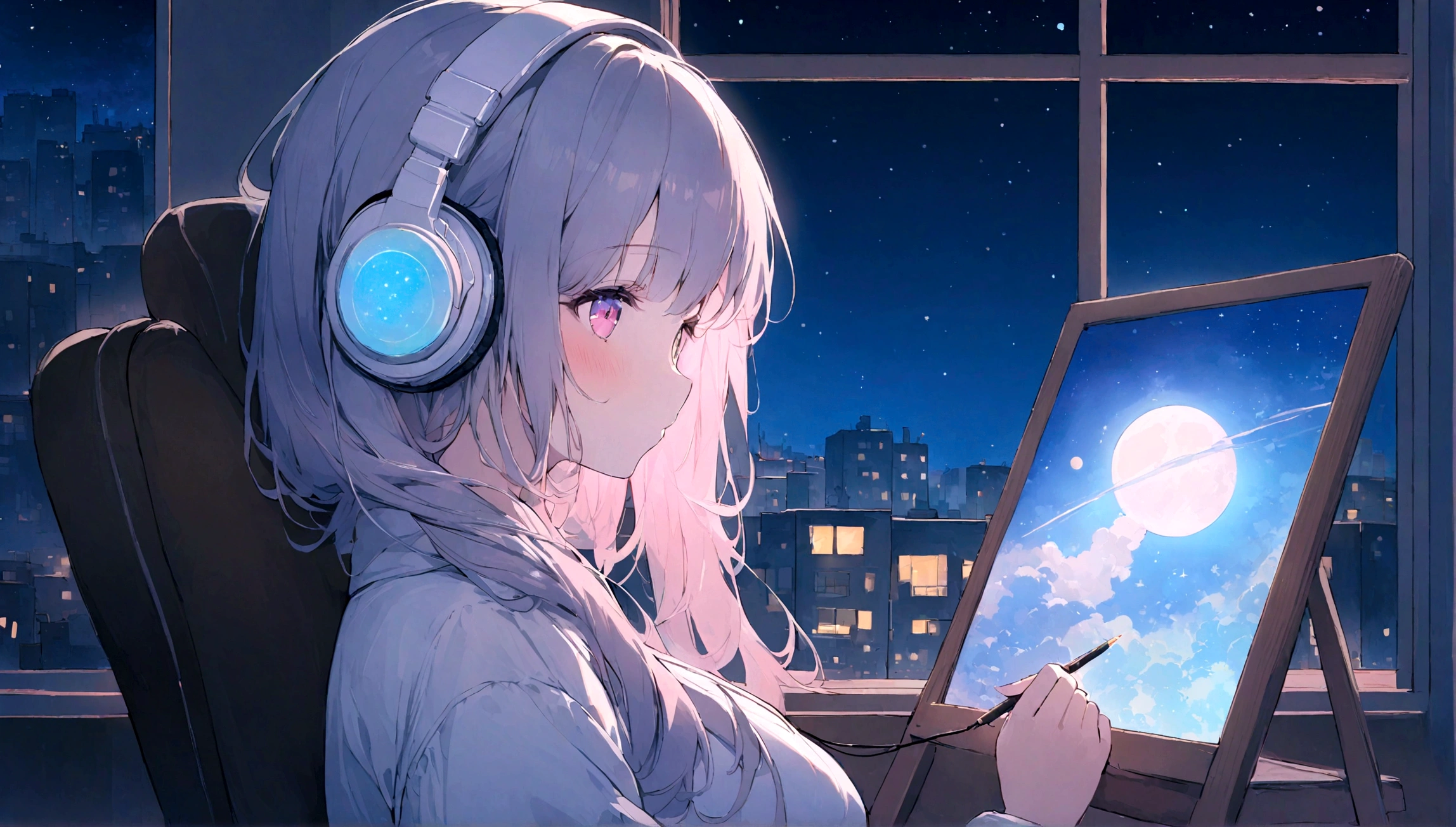 portrait、512、lofi、Girl with headphones sitting in a chair studying、City view outside the window、night、Pastel colors、Painting, lots of stars and moon, big breast