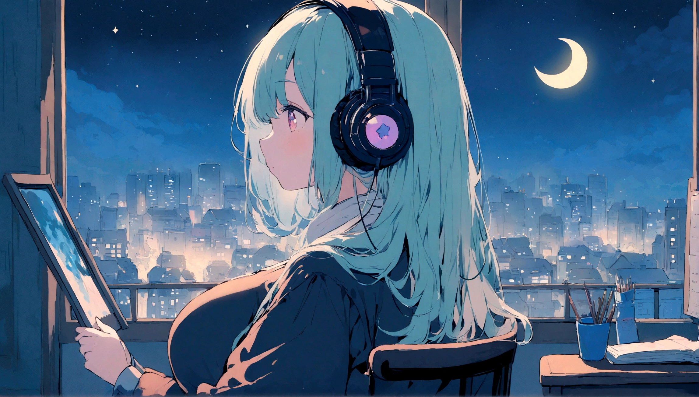 portrait、512、lofi、Girl with headphones sitting in a chair studying、City view outside the window、night、Pastel colors、Painting, lots of stars and moon, big breast