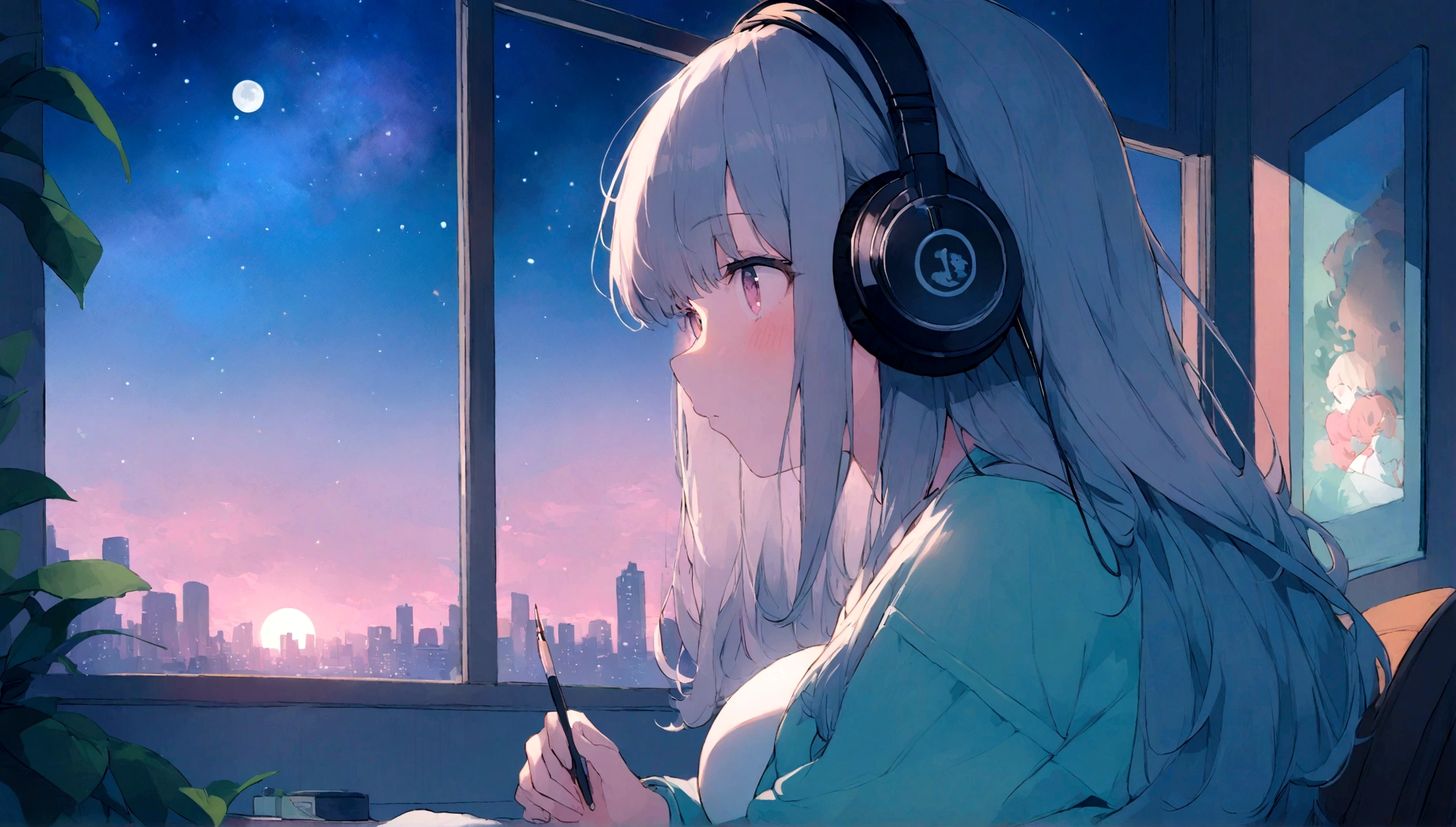 portrait、512、lofi、Girl with headphones sitting in a chair studying、City view outside the window、night、Pastel colors、Painting, lots of stars and moon, big breast