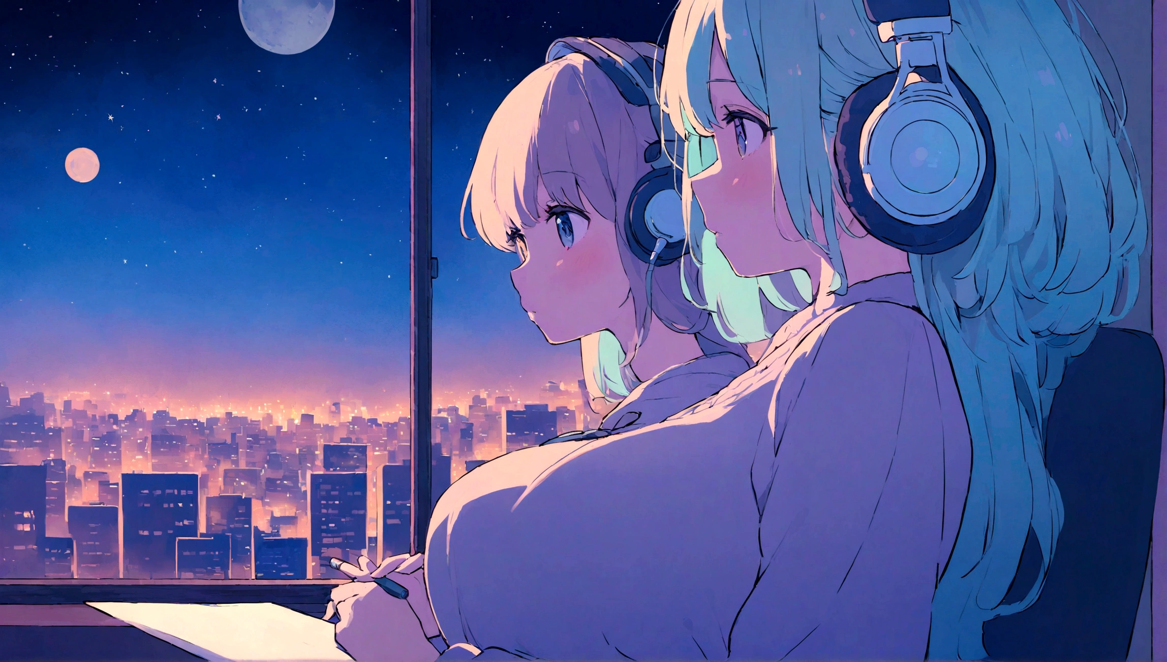 portrait、512、lofi、Girl with headphones 、night、Pastel colors、Painting, lots of stars and moon, super big breast,pank rock,portrait、512、lofi、Girl with bike、City view outside the window、night、Pastel colors、Painting, lots of stars and moon, super big breast,Riding a motorcycle and going for a run.
