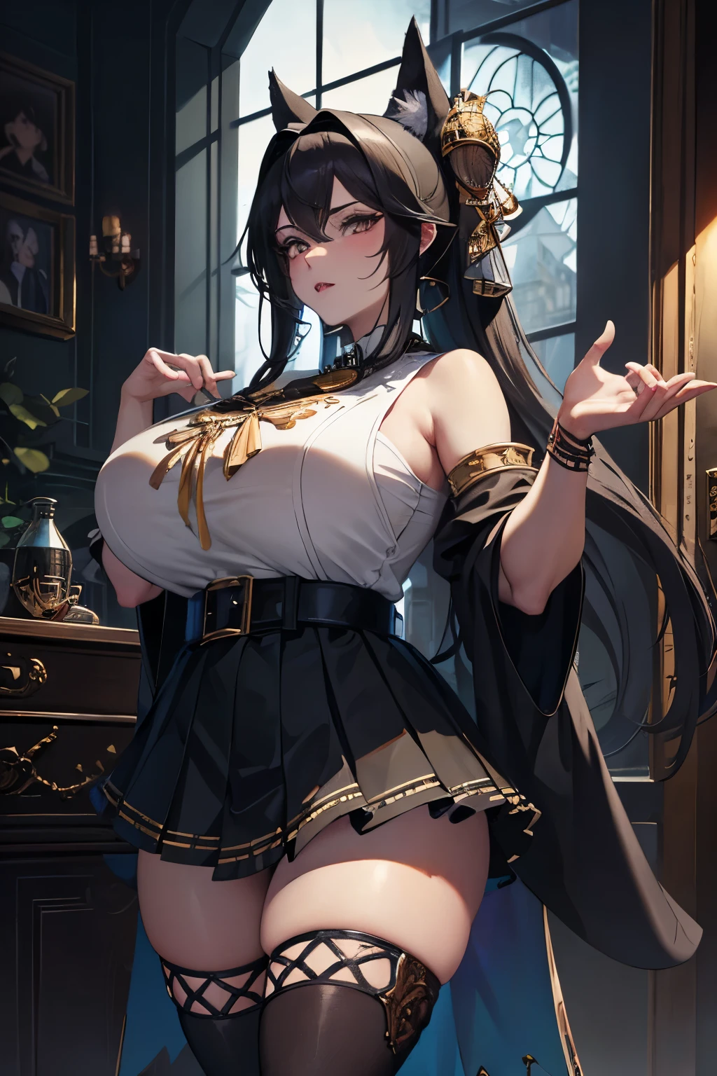 (Absurd, High Resolution, Ultra Detailed), 1 chubby wolfwoman, Solo, Maximalist, (Stunning Beautiful Artwork: 1.4), (High Concept Art, Anime Elegance: 1.5), Dark Color Scheme with Accents, Most Detailed
A chubby 20-year-old wolfwoman adorns a pleassed skirt and a sleeveless top, her long black ponytail flowing down her back. A light and transparent veil fills the scene, adding charm and seduction to the artwork. The piece, identified as a maximalist masterpiece, is attributed to the renowned artist Artgerm