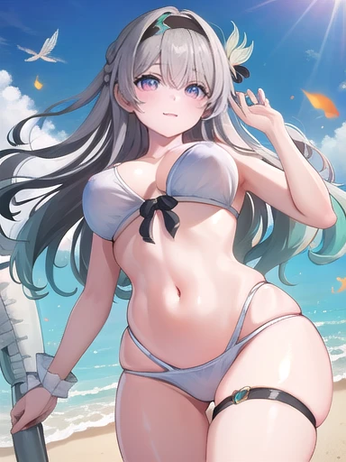 (masterpiece:1.3),((High resolution)),((high quality)),((Super detailed))、One girl、Perfect balance、Perfect Face、Detailed face、Cute Face、beautiful詳細な目、Expressive eyes、Cute eyes、Shiny eyes、Perfect body、beautiful体、(((bikini)))、(Large Breasts)、(Beautiful nipples)、(head shot)、Embarrassing、blush、Beach、beautiful女の子、Cute Face、beautiful顔、Cute Face、beautiful、Best Quality、Good anatomy、Decorations、fire Fly\(Collapse：Star Rail\)、Multicolored Eyes、white[Grey or Sliver]hair、Black hair band、Purple eyes、Hair ornaments、Thigh straps、smile、Closed Mouth、blush、Are standing、From below、(snfw:1.2)