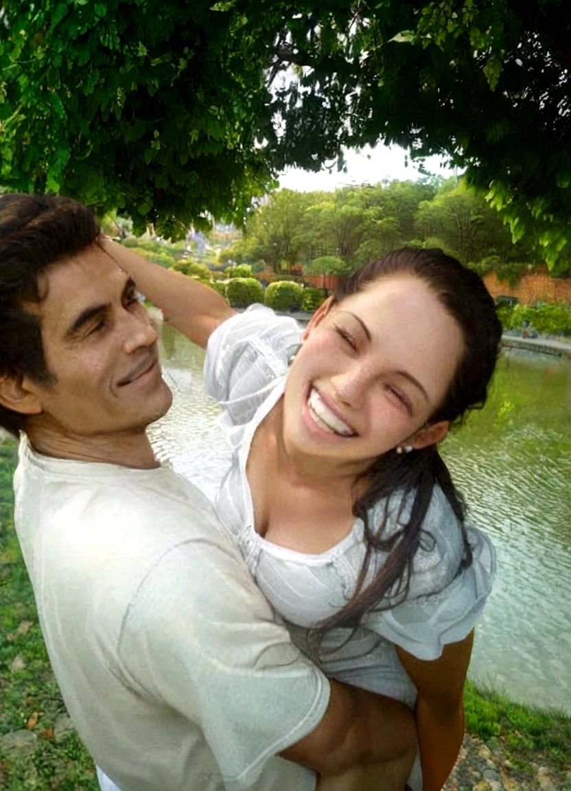 a couple, both smiling and the man carries the woman who is happy