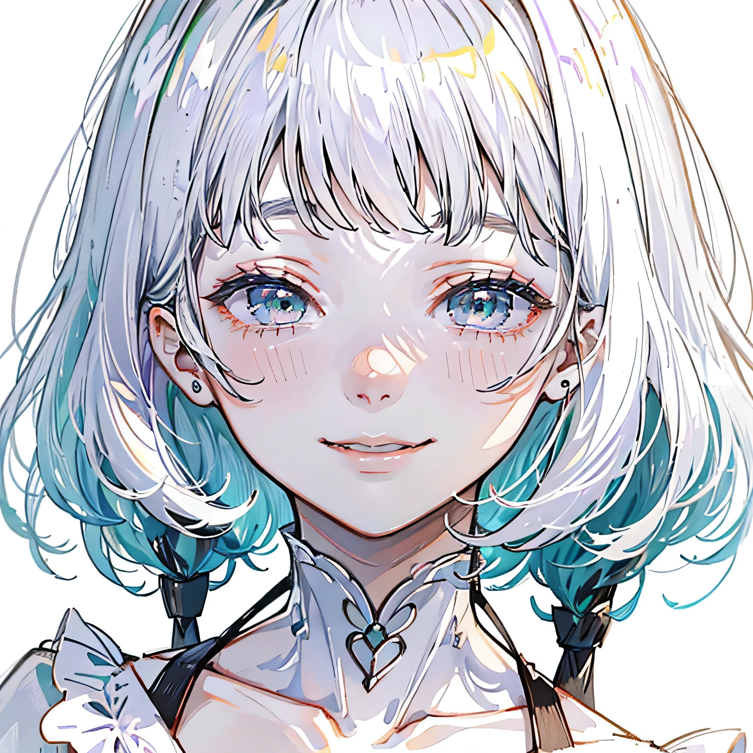 One girl、White Hair、Bob Hair、trimmed bangs、Black long sleeve dress、Lilac eyes、Cute Smile、The background is a lot of green plants、About 22 years old、Close-up of the face from the collarbone up