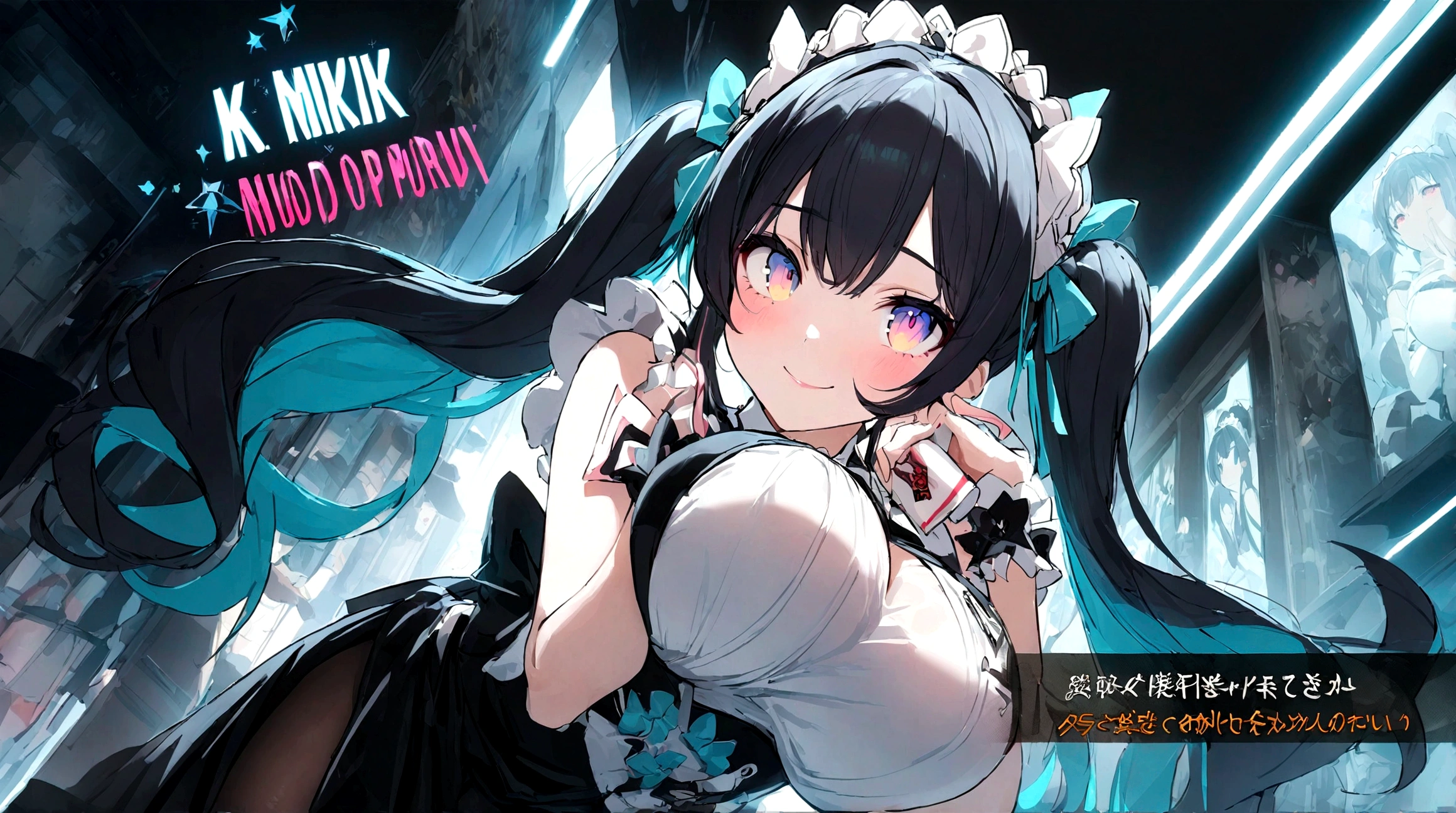(high quality, 8k, 4K, High Contrast, masterpiece:1.2, 最high quality, Best aesthetics), beauty, Maid, Very detailed, Seductive and erotic girl with lace headdress, smile, (Big Breasts, Black Hair, Twin tails), Focus on the face, Focus on the face, Complex eyes, tights, 40 denier black tights, coffee shop, Low angle shot, Viewers looking up,