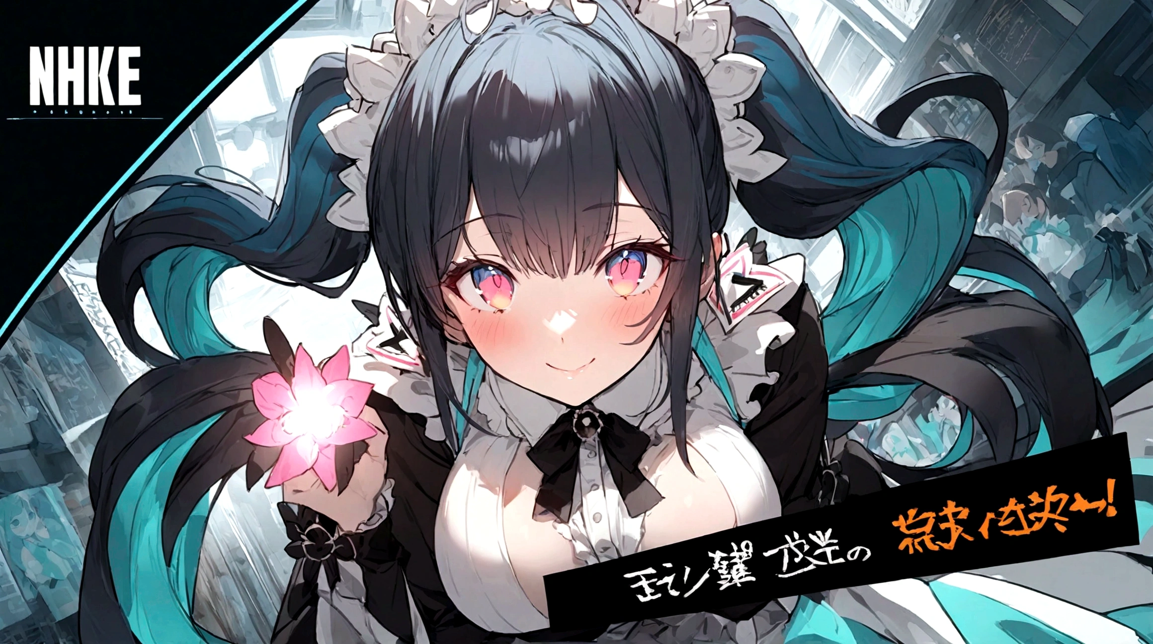 (high quality, 8k, 4K, High Contrast, masterpiece:1.2, 最high quality, Best aesthetics), beauty, Maid, Very detailed, Seductive and erotic girl with lace headdress, smile, (Big Breasts, Black Hair, Twin tails), Focus on the face, Focus on the face, Complex eyes, tights, 40 denier black tights, coffee shop, Low angle shot, Viewers looking up,