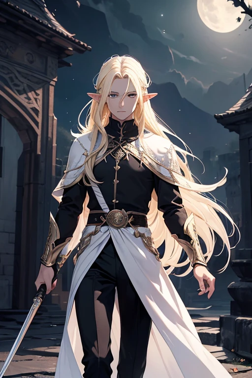 an male elf. blonde long hair. white skin. black eyes. carries a metal staff that the top of it has a black pearl. He wears a black tunic with detail in red and underneath its clothes he has a white shirt, black pants and leather boots. He stands by the moonlight and in his other hand he holds an old book 