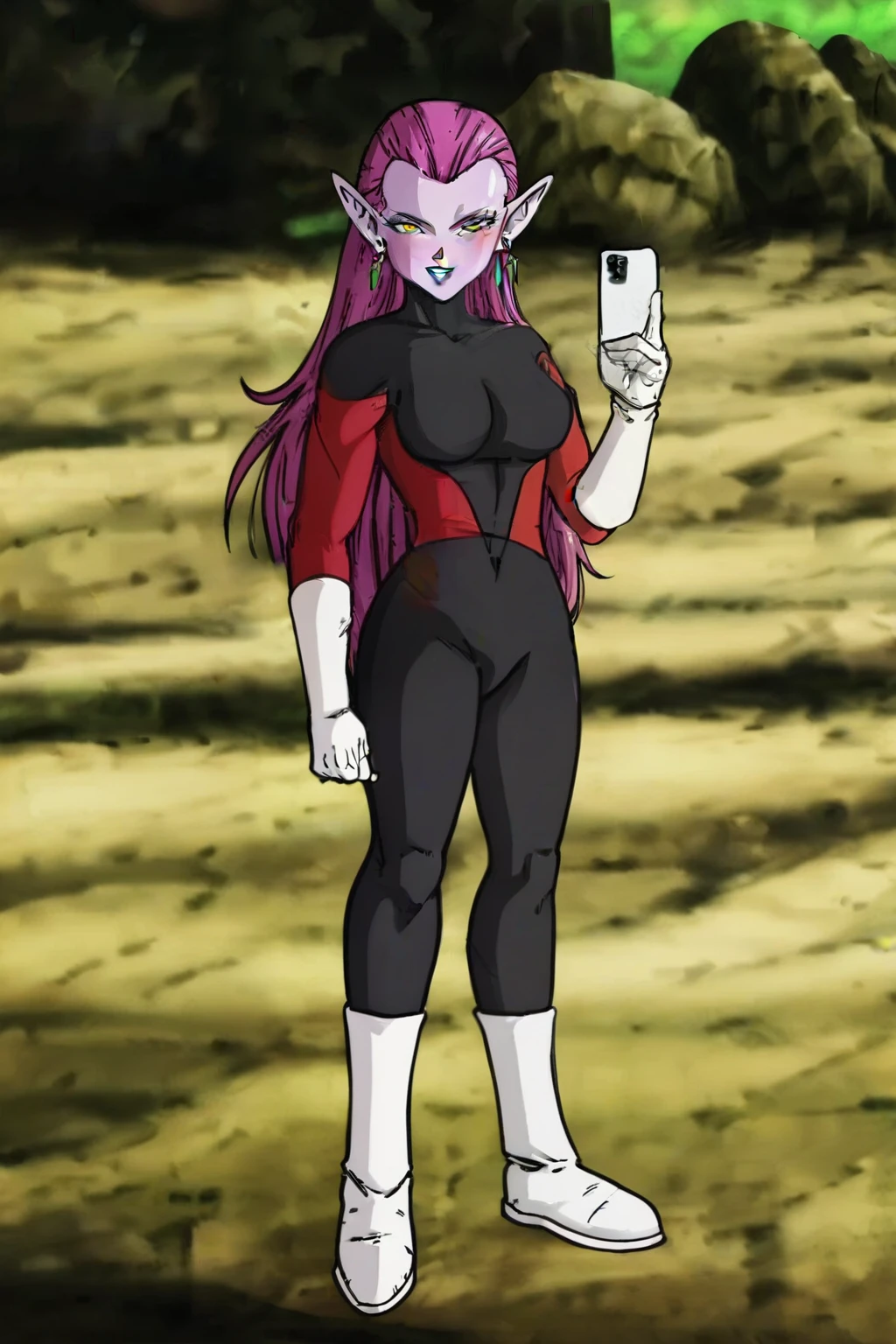 source_anime, score_9, score_8_up, score_7_up, anime screencap,
cocottedbs, high quality,
purple skin, purple hair, yellow eyes, very long hair, earrings, breasts,
sunlight,
bodysuit, white gloves, white boots, outdoors, from above, looking at viewer, blush, v, smile, teeth, selfie, naked