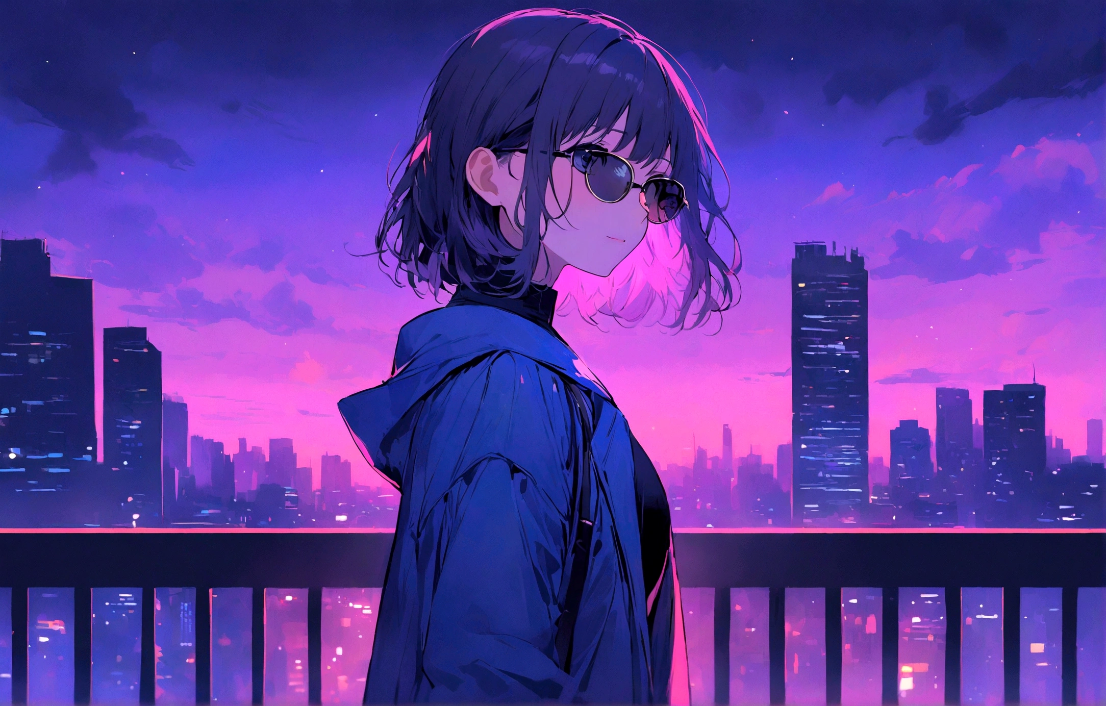 Wallpaper pictures of cool girls : Beautiful modern girl in a blue coat Wear sunglasses Behind is the cityscape in the evening. There are twinkling lights of the city amidst the blue, blue, and purple sky. Cool girls stand on high balconies or bridges. Looking out at the city with a confident and calm expression. The colors of the picture emphasize the dramatic tone.