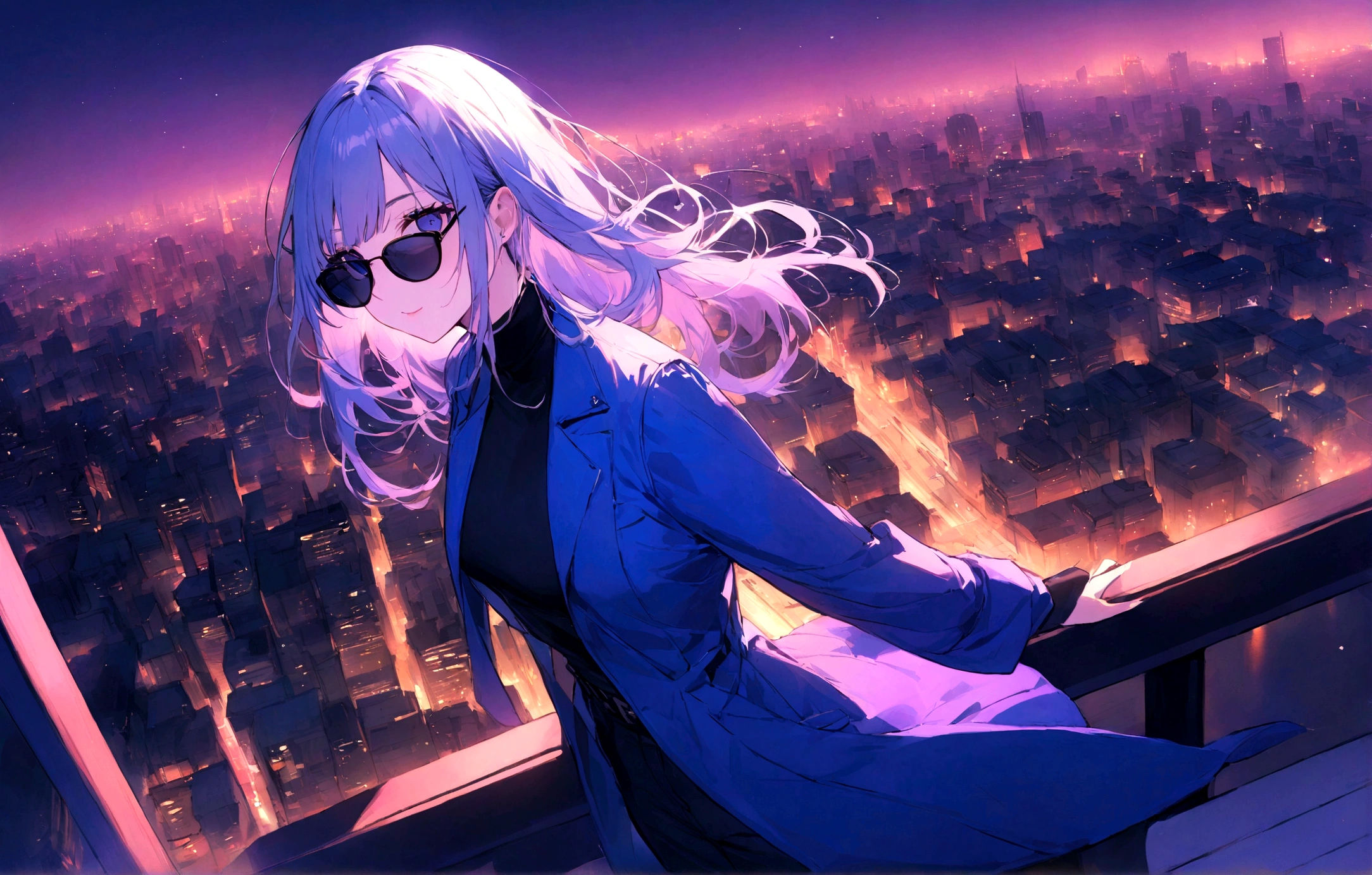 Wallpaper pictures of cool girls : Beautiful modern girl in a blue coat Wear sunglasses Behind is the cityscape in the evening. There are twinkling lights of the city amidst the blue, blue, and purple sky. Cool girls stand on high balconies or bridges. Looking out at the city with a confident and calm expression. The colors of the picture emphasize the dramatic tone.