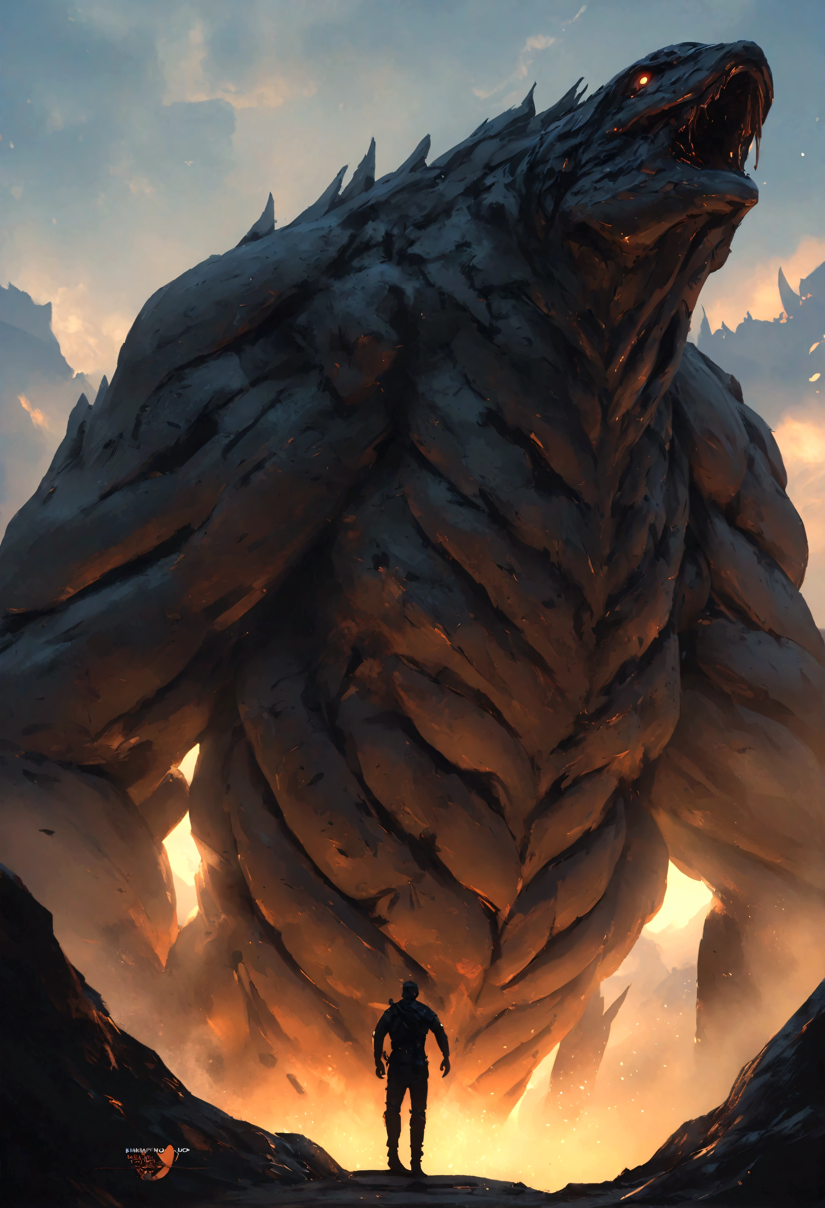 A very detailed painting,Depicts a man on a hill gazing at a giant alien monster, author:Shinkai Makoto, By Art Jem, From wlop, author:Greg Rutkowski, Volumetric Lighting, Octane Rendering, 4K resolution, Popular on artstation, masterpiece